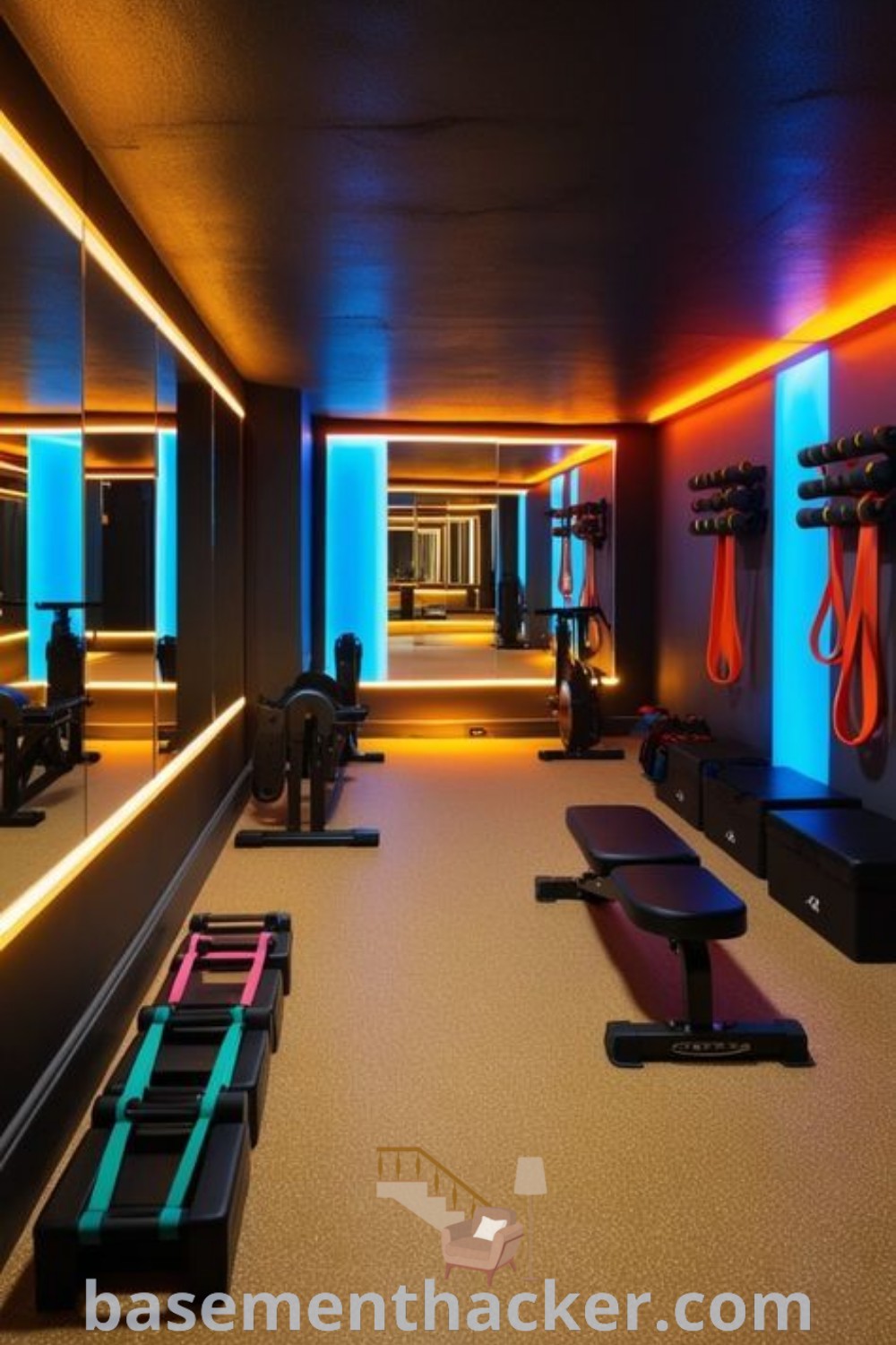 A vibrant gym in a basement with exercise equipment arranged in rows, neon lights illuminating the space, and mirrors enhancing the decor. This basement workout room offers smart basement ideas and innovative design for a stylish, functional home gym, perfect for the ultimate entertaining experience. Find more tips at basementhacker.com.