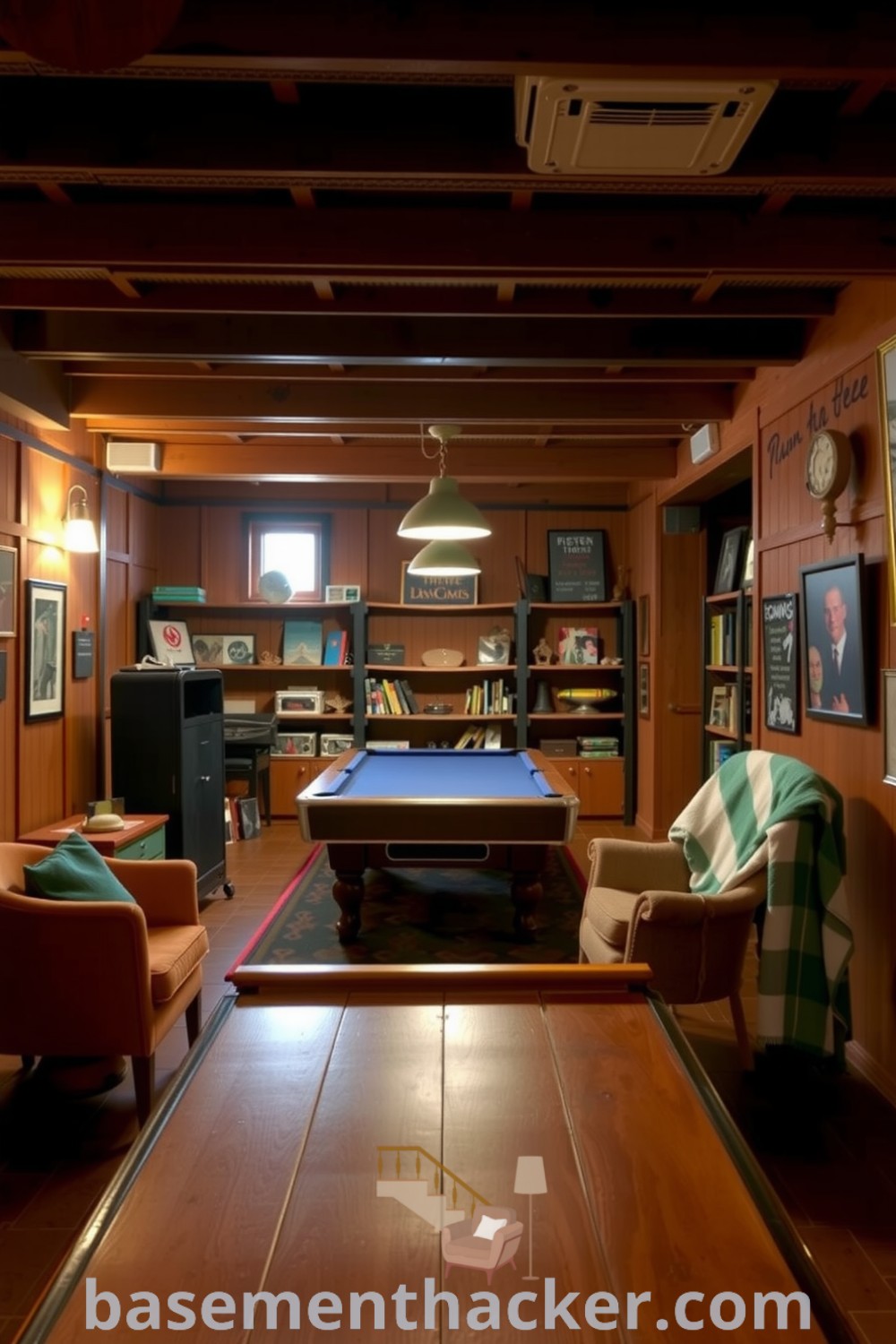 Inviting basement game room with pool table, exposed wooden beams, mismatched furniture, cozy armchairs, and shelves full of board games, providing innovative ideas for a stylish & functional home design, featured on basementhacker.com.