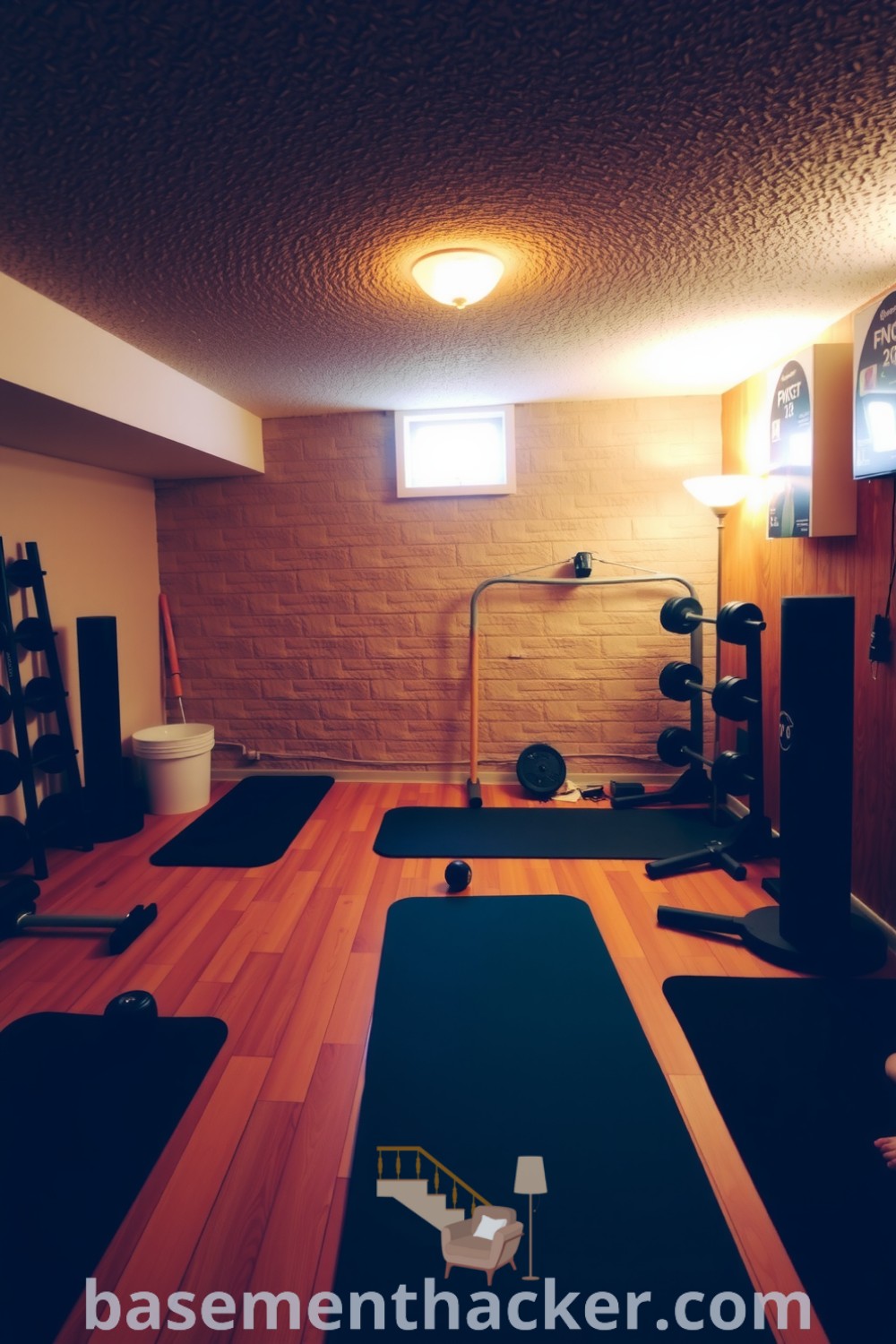 Cozy basement gym featuring a textured stone wall, wooden flooring, and neatly arranged exercise equipment, enhanced by soft lighting and a small window, ideal for a stylish and functional home design showcased on basementhacker.com.