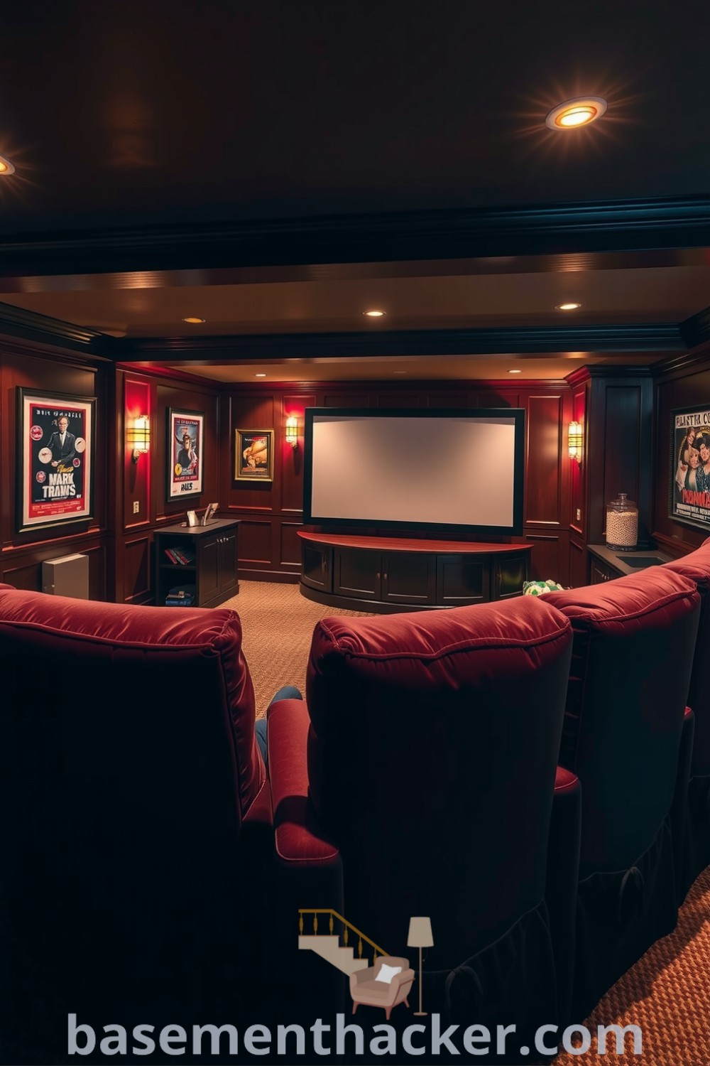 Luxurious basement cinema featuring a plush velvet couch, dim lighting, vintage movie posters, and a popcorn station for a cozy movie night, highlighted on basementhacker.com.