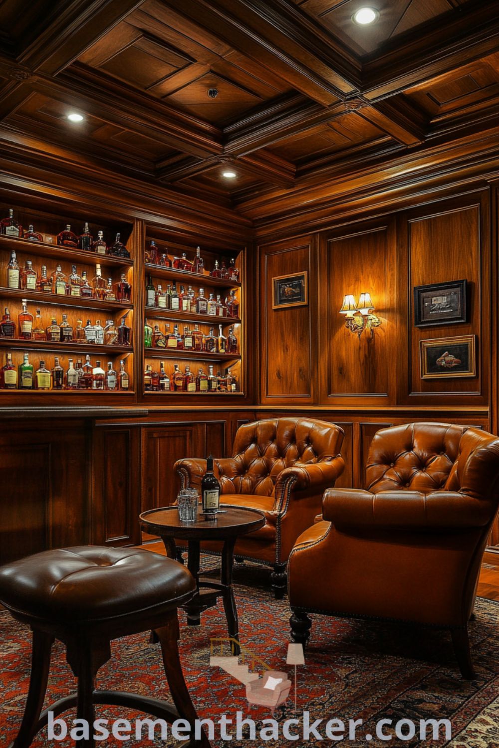 Intimate basement whiskey lounge with rich wooden panels, polished bar tops, eclectic whiskey bottles, soft amber lighting, and worn leather chairs, designed for ultimate entertaining, featured on basementhacker.com.