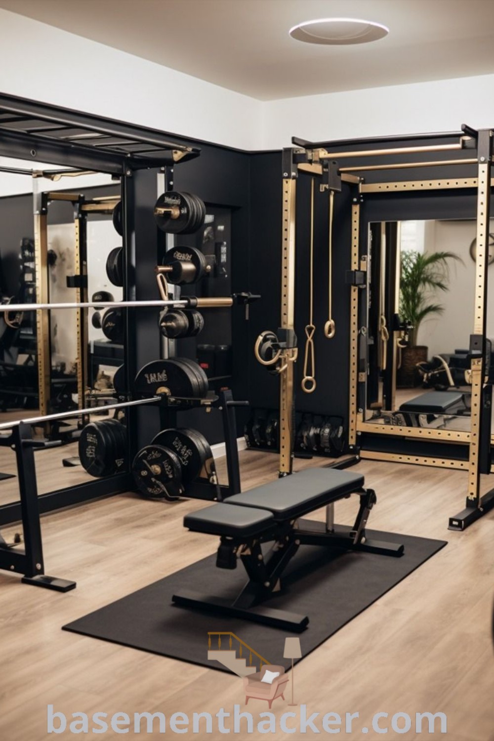 A home gym with black walls and wooden floors designed for powerlifting, showcasing innovative ideas for stylish and functional space. This is the ultimate setup for a cozy basement gym, offering a mix of aesthetic appeal and professional interior design elements. Explore more at basementhacker.com.