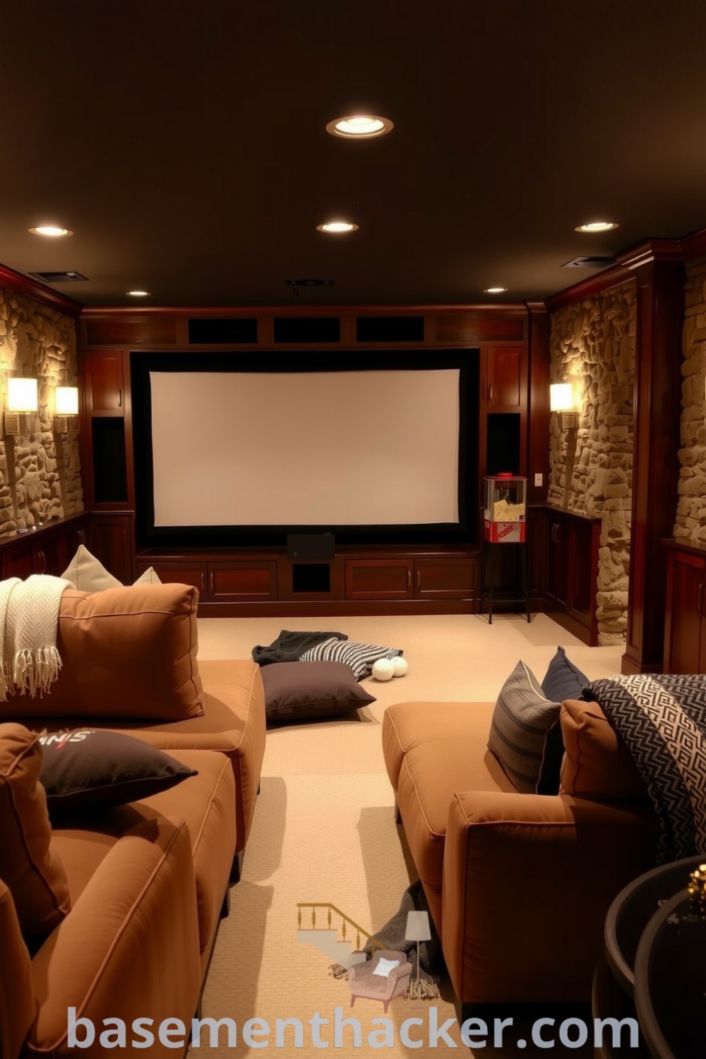Cozy and stylish basement cinema room featuring plush seating, warm wood paneling, ambient sconces, and a popcorn machine, offering innovative ideas for designing the perfect space for family movie nights, showcased on basementhacker.com.
