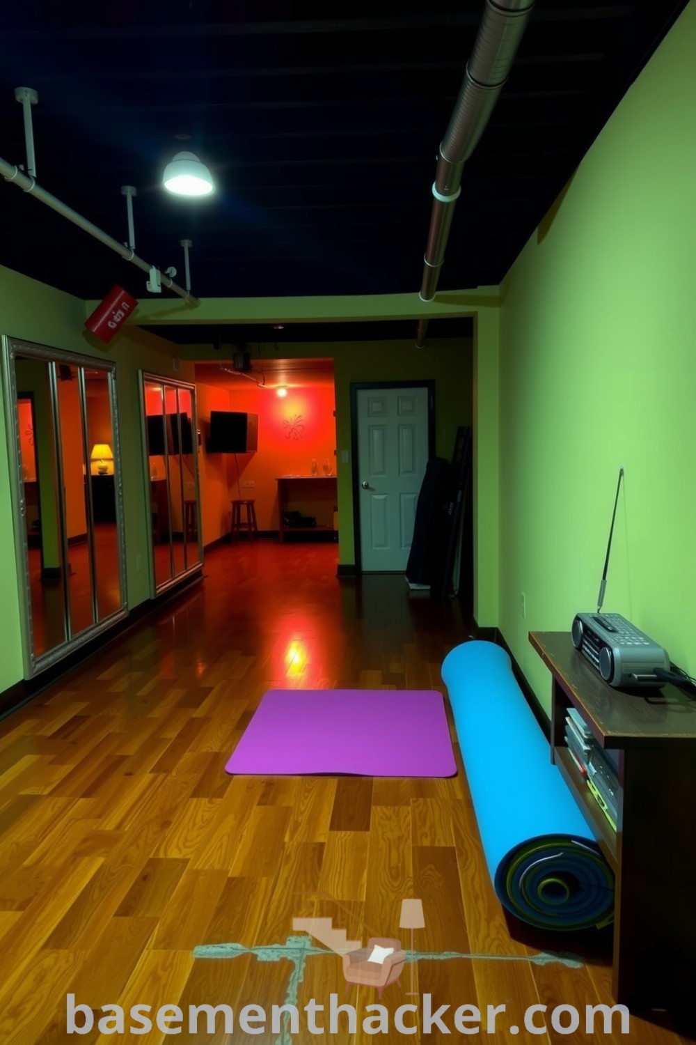 Bright basement dance studio featuring hardwood floors, colorful exercise mats, mirrors, and ambient lighting, perfect for lively fitness sessions, showcased on basementhacker.com.