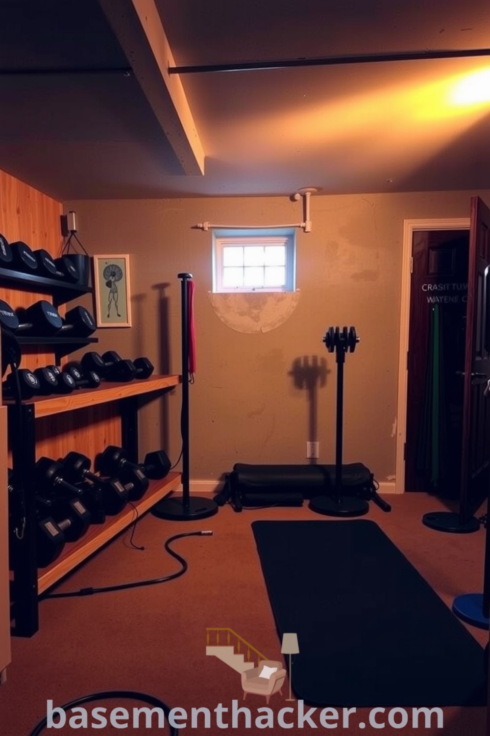 Tranquil basement fitness room featuring organized weights, resistance bands on wooden shelves, a yoga mat on the floor, and warm light filtering through a small window, designed for a stylish and functional home, showcased on basementhacker.com.