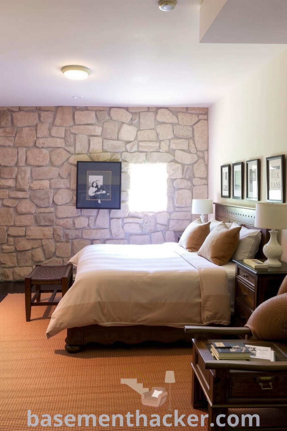 Serene basement bedroom featuring an oversized bed, textured stone walls, wooden furniture, a woven rug, and personal touches like framed photos and books, perfect for a cozy retreat, showcased on basementhacker.com.