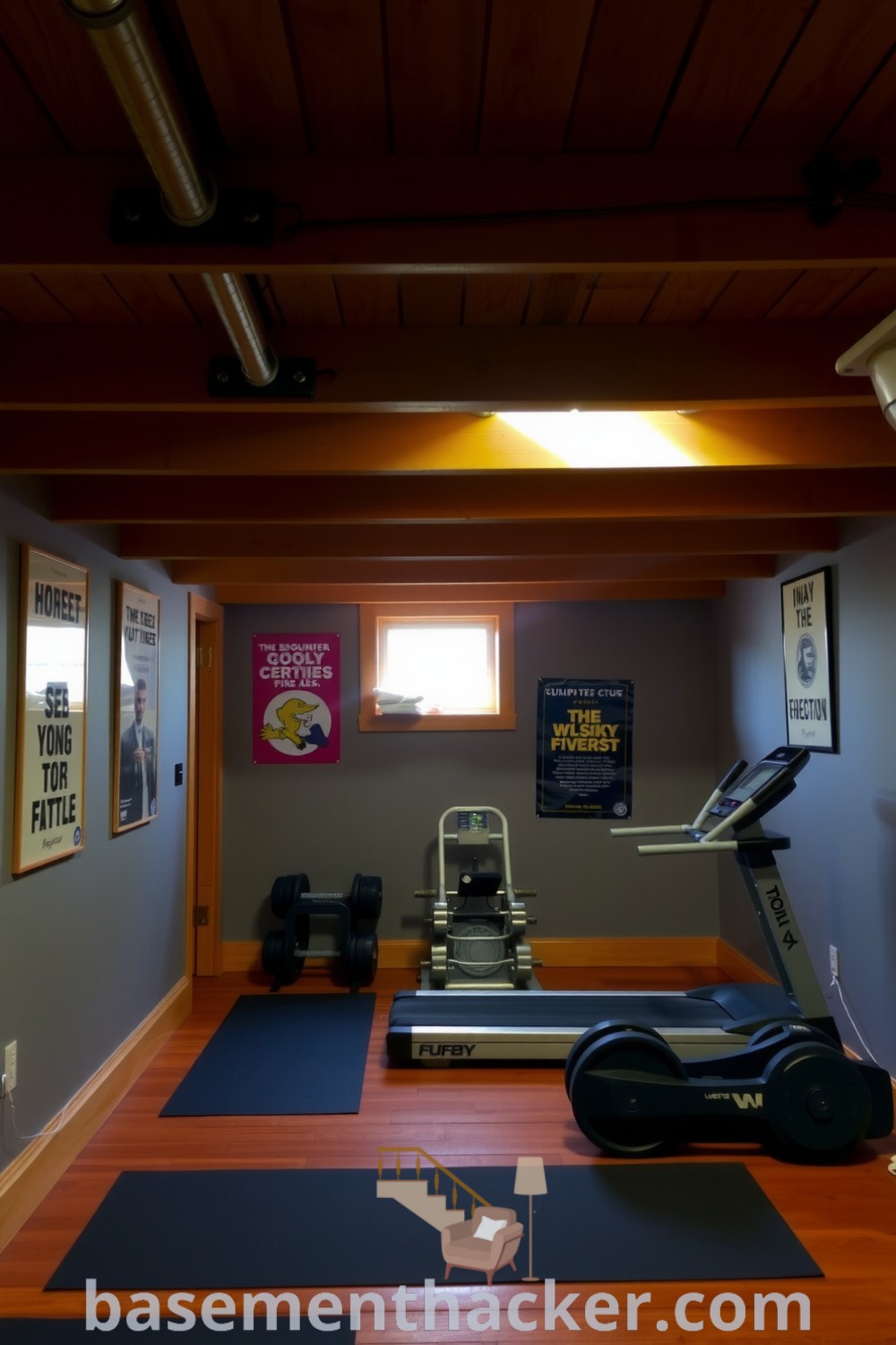 Warm basement gym with gray walls, exposed beams, motivational posters, free weights, and treadmill, creating a cozy space for workouts and relaxation, featured on basementhacker.com.