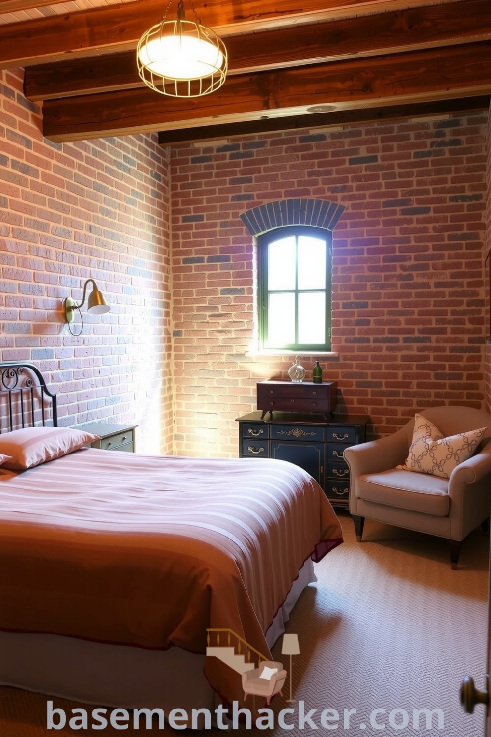 Inviting guest basement bedroom featuring a queen-sized bed, exposed brick walls, and rustic wooden beams, designed for comfort and relaxation, ideal for remodeling to create a stylish bonus space, showcased on basementhacker.com.