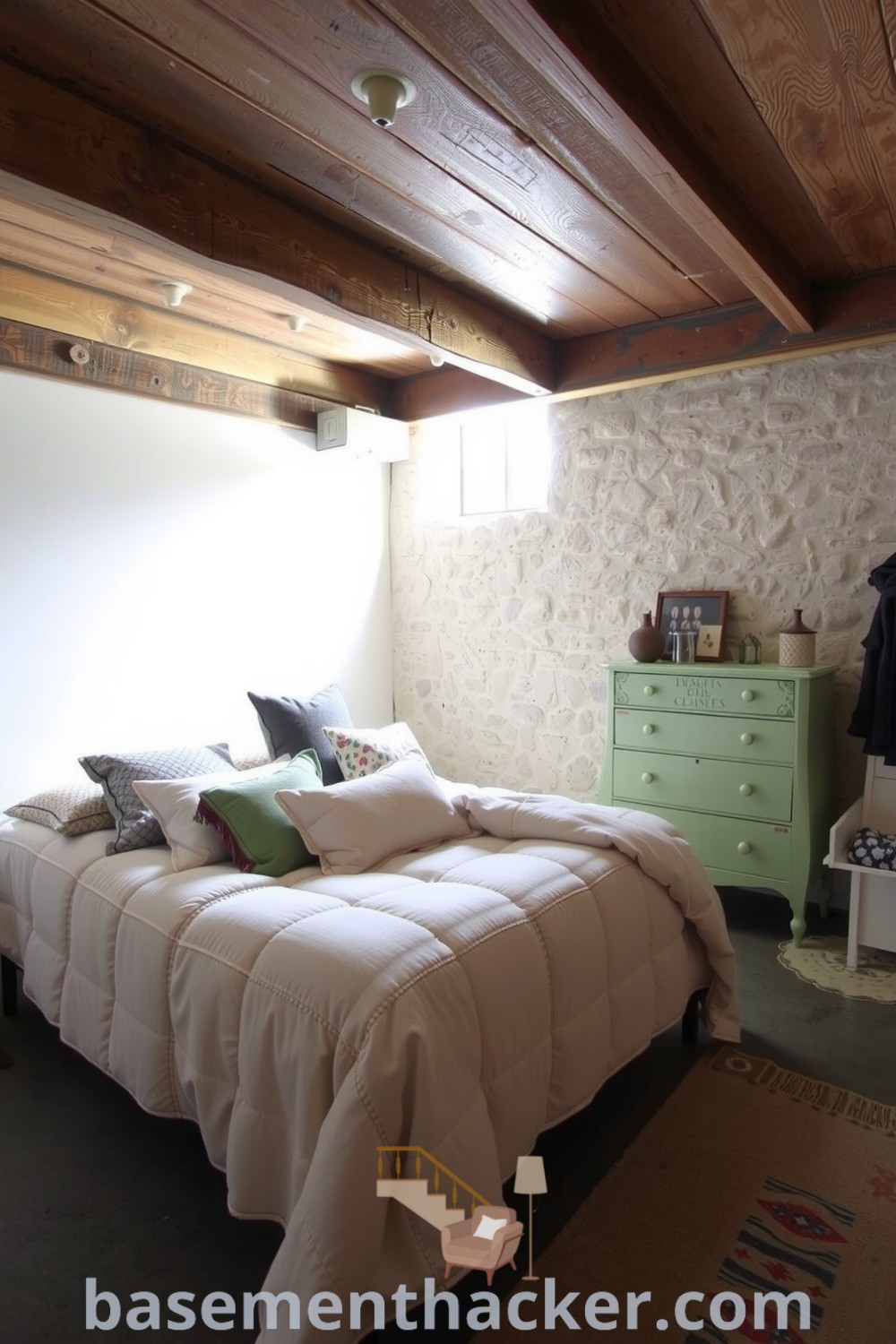 Charming basement bedroom featuring rustic wooden beams, a plush quilt, mismatched pillows, and natural light, ideal for a cozy and organized home, showcased on basementhacker.com.