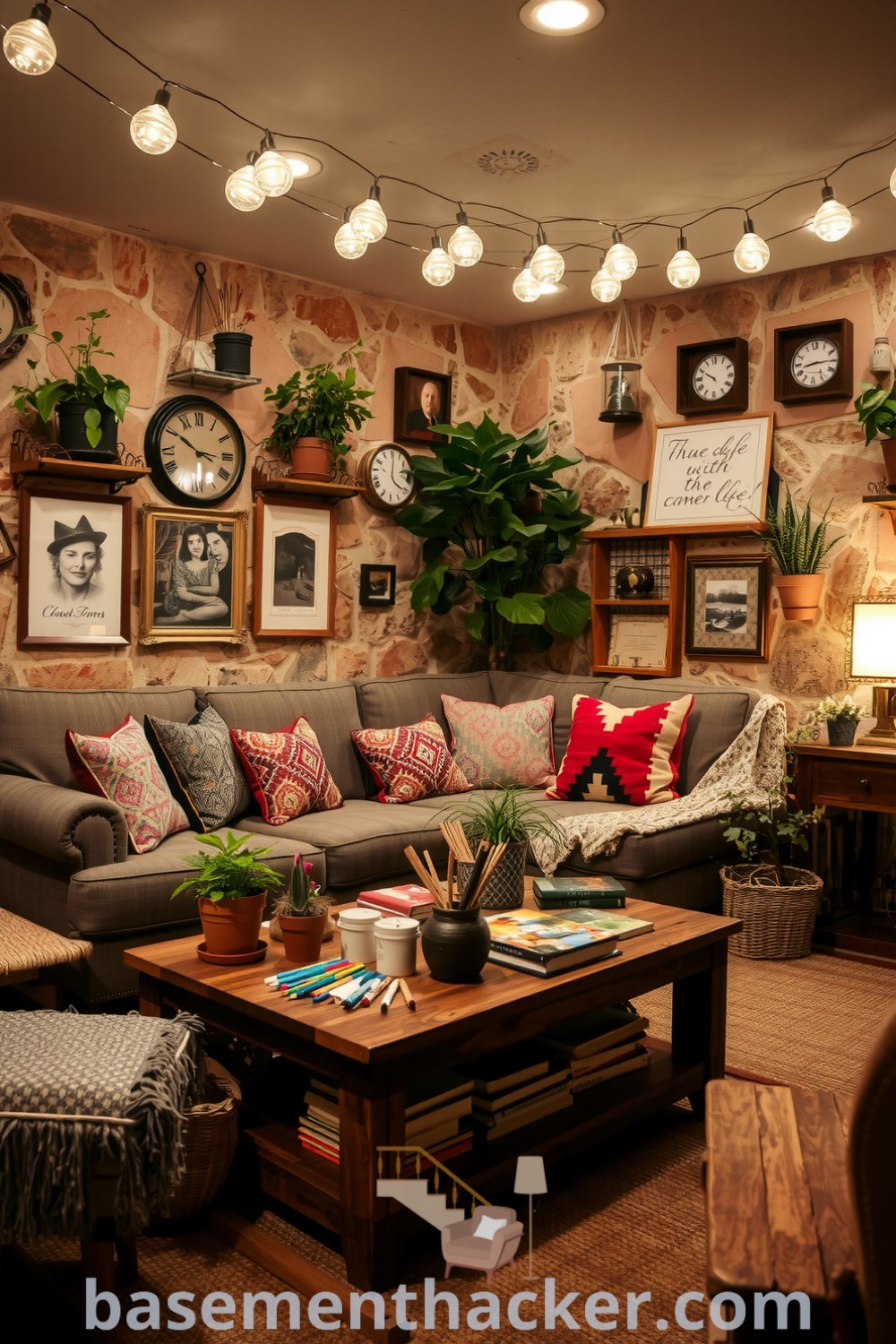 Bohemian basement living room featuring a plush couch, vintage decor, textured stone walls, and twinkling fairy lights, ideal for a stylish bonus space, shown on basementhacker.com.