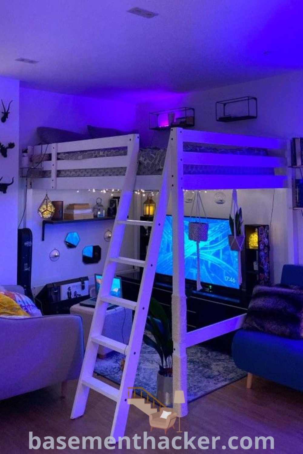 A cozy living room showcasing a loft bed with a couch underneath, stylish purple lighting, and innovative ideas for designing small rooms. Perfect for adults and gamers alike, this setup offers awesome inspiration for loft bedroom ideas and stylish bonus room designs. Discover more at basementhacker.com.