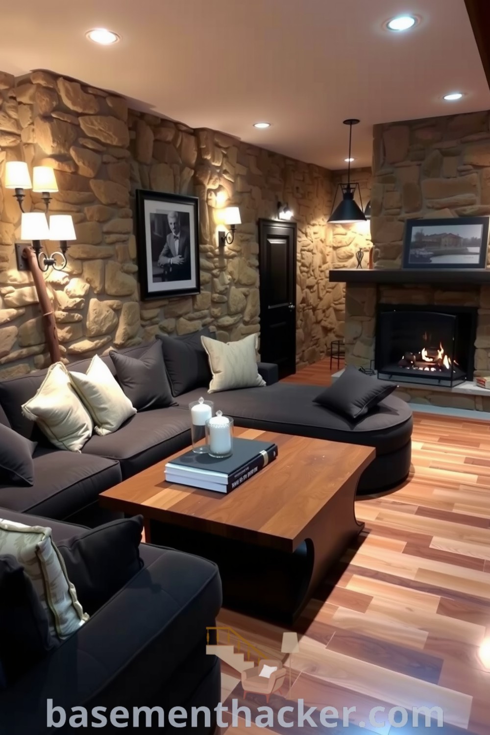 Stylish basement living room with a luxurious sectional, exposed stone walls, and polished hardwood floors, designed for cozy gatherings and relaxation, featured on basementhacker.com.