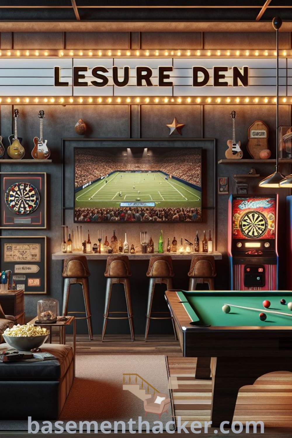 A cozy living room filled with stylish furniture and a pool table, showcasing retro basement ideas for innovative entertaining. This space blends comfort and functionality, offering inspiration for a cozy man cave, pool table room, and small game room ideas. Find more creative design ideas at basementhacker.com.