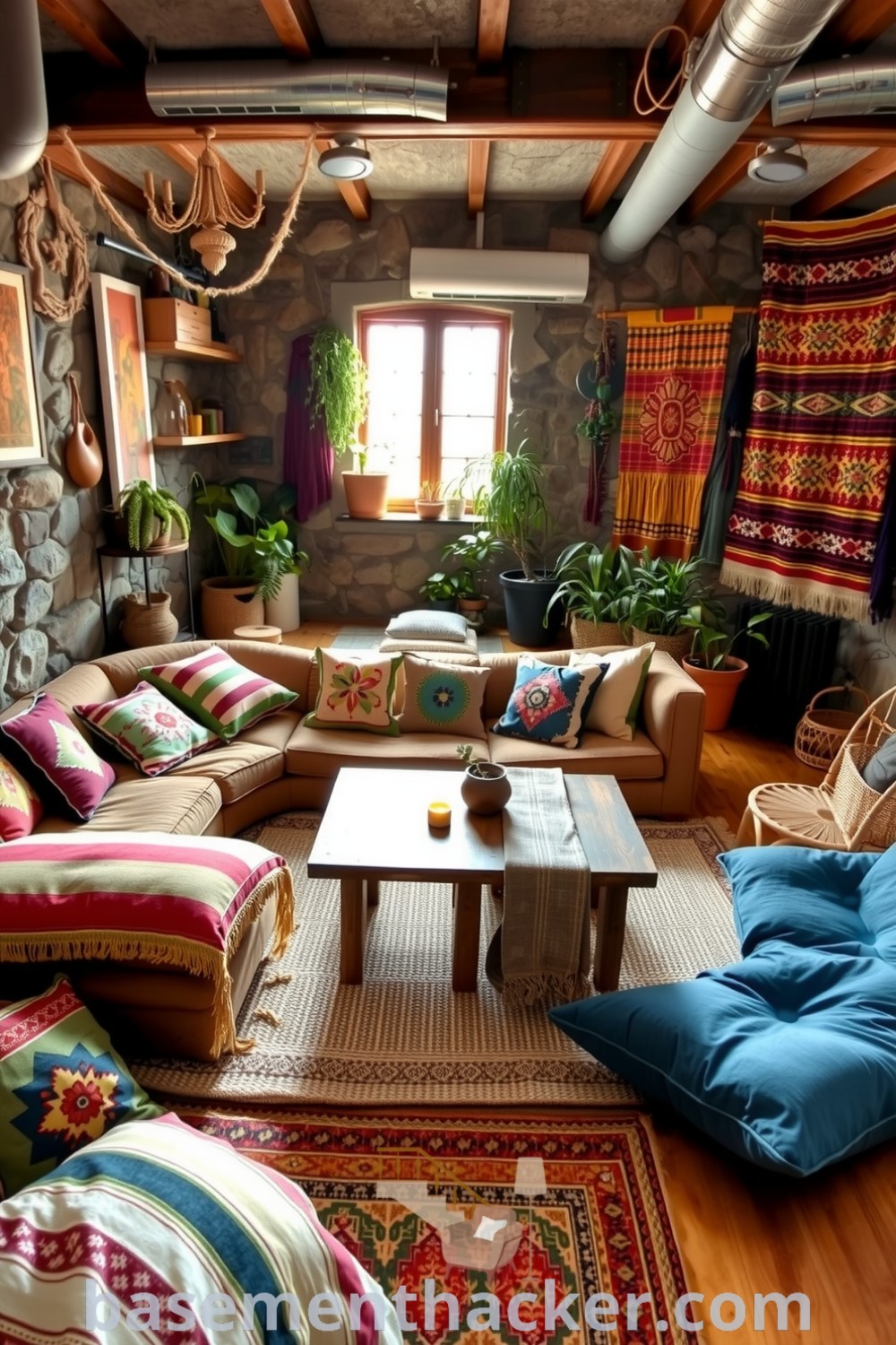 Bohemian basement living room with vibrant cushions, oversized couch, reclaimed wood coffee table, and sunlight filtering through a window, creating a cozy and inviting atmosphere for ultimate entertaining, featured on basementhacker.com.