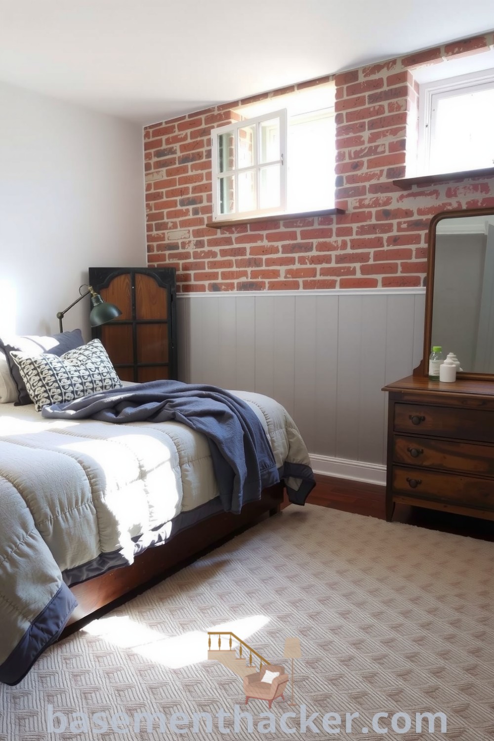 Inviting basement bedroom with a plush queen-sized bed, exposed brick walls, and a vintage dresser, showcasing cozy decor and a warm atmosphere for a stylish and functional home design, featured on basementhacker.com.