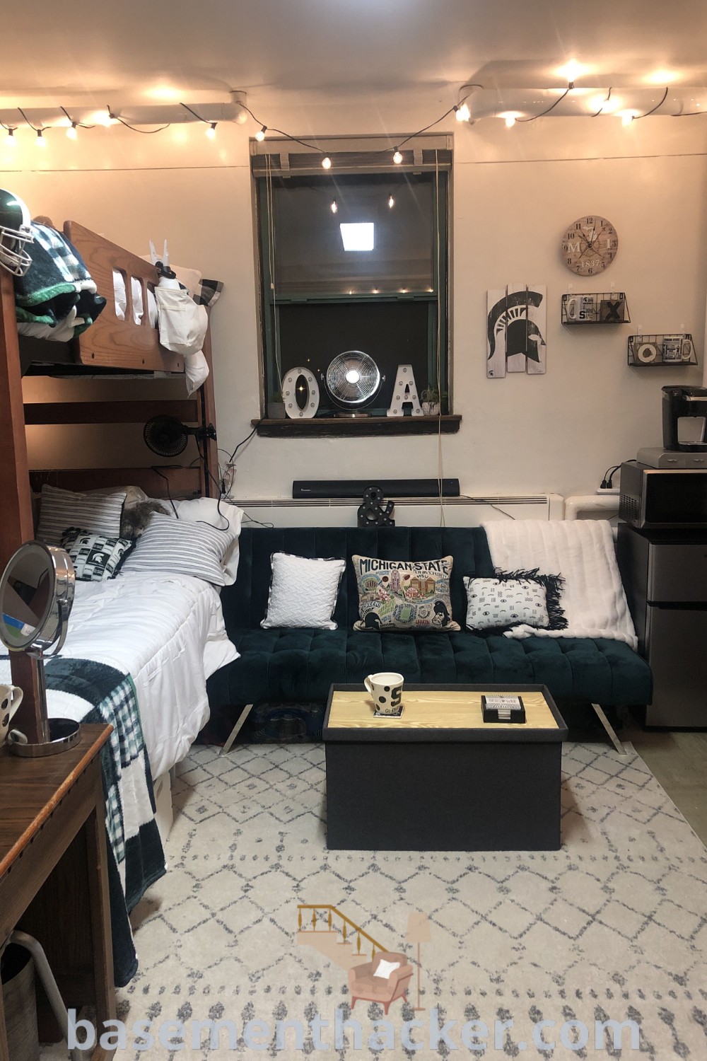 A cozy living room filled with stylish furniture, featuring innovative designs like bunk beds and a futon, perfect for organizing space. Explore dorm room ideas for a stylish and functional home at basementhacker.com.