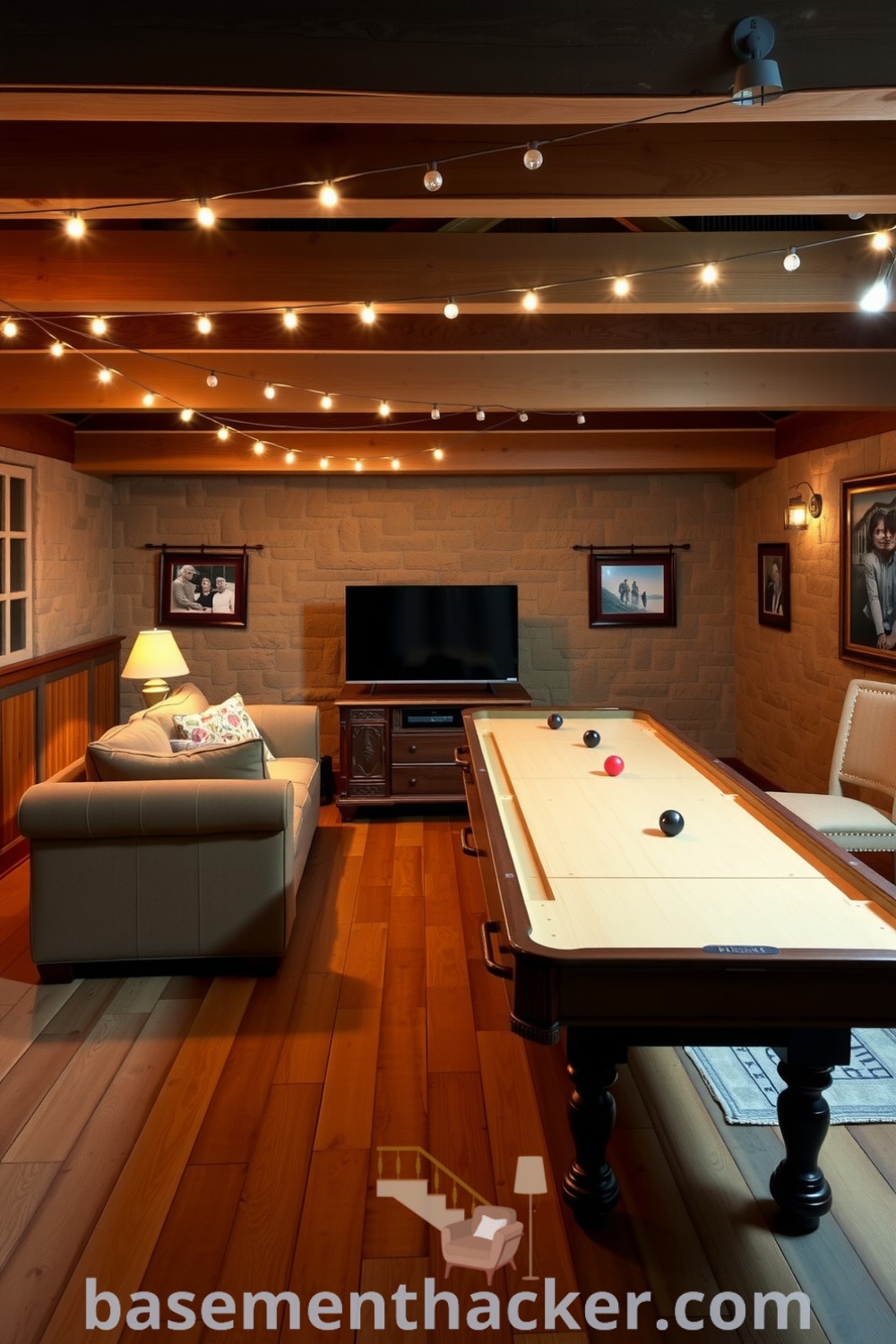 Welcoming basement game room featuring a plush sectional couch, vintage TV, shuffleboard table, and rustic decor with string lights for ultimate entertaining, featured on basementhacker.com.