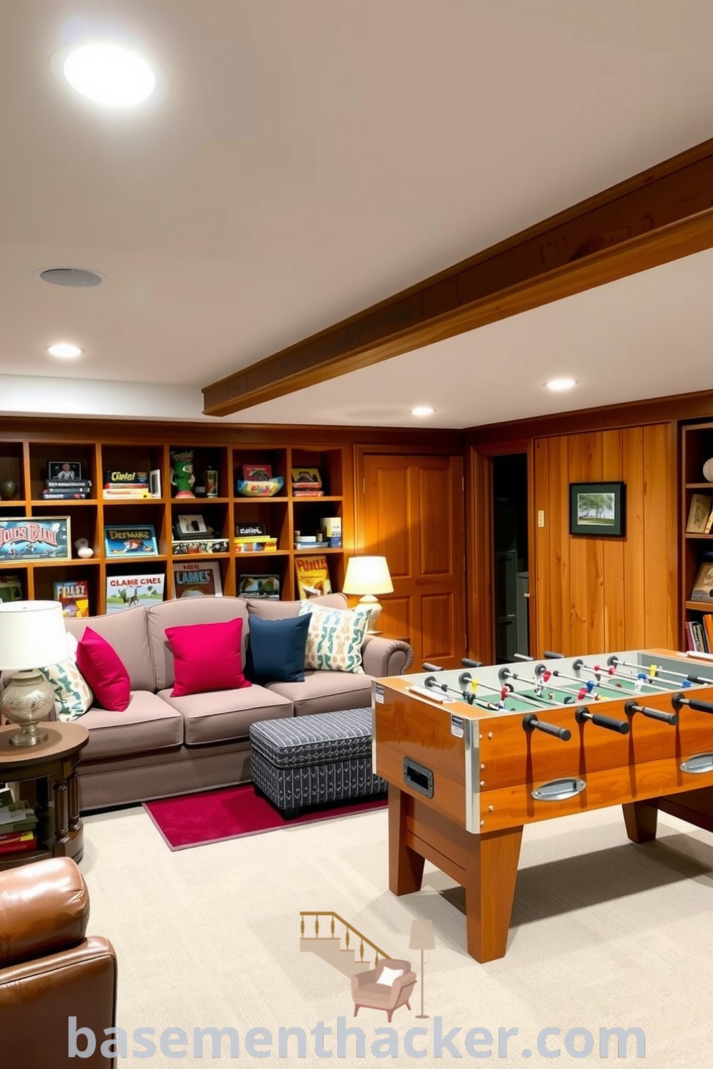 Inviting basement game room featuring a plush sofa, colorful pillows, rustic wooden paneling, vintage foosball table, and a small kitchenette, ideal for ultimate entertaining and stylish bonus space ideas, presented on basementhacker.com.