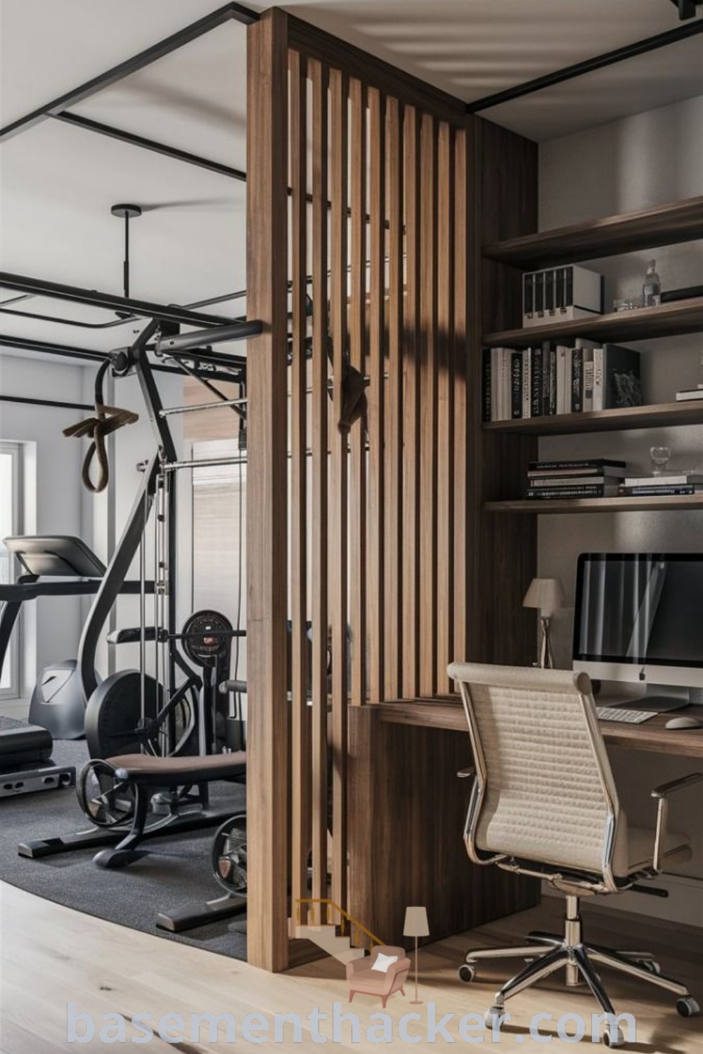 A stylish home gym with treadmills and exercise equipment designed for functionality and aesthetics. This innovative space serves as a perfect example of a home gym partition wall, incorporating elements like an office Peloton room and game room gym combo. Find more creative ideas at basementhacker.com.