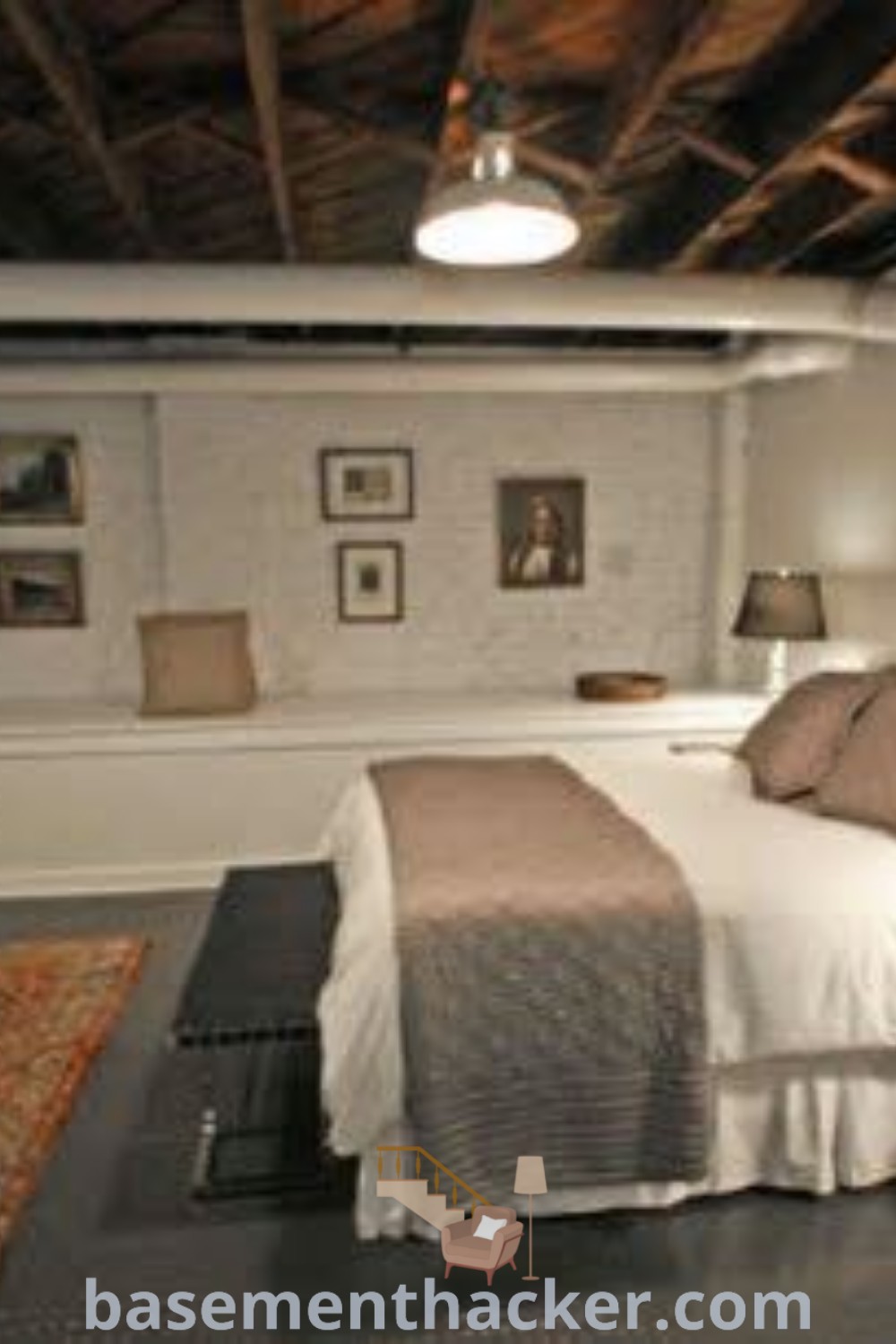 A cozy unfinished basement bedroom with a neatly made bed and two lamps creating a warm ambiance. Discover innovative ideas for a stylish and functional basement makeover at basementhacker.com. Perfect for a boys