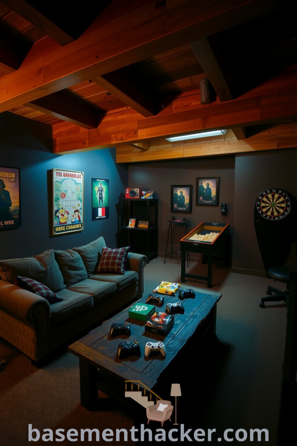 Stylish basement game room with a plush couch, reclaimed wood coffee table, vintage posters, and a dartboard, evoking a cozy atmosphere perfect for entertaining friends, showcased on basementhacker.com.