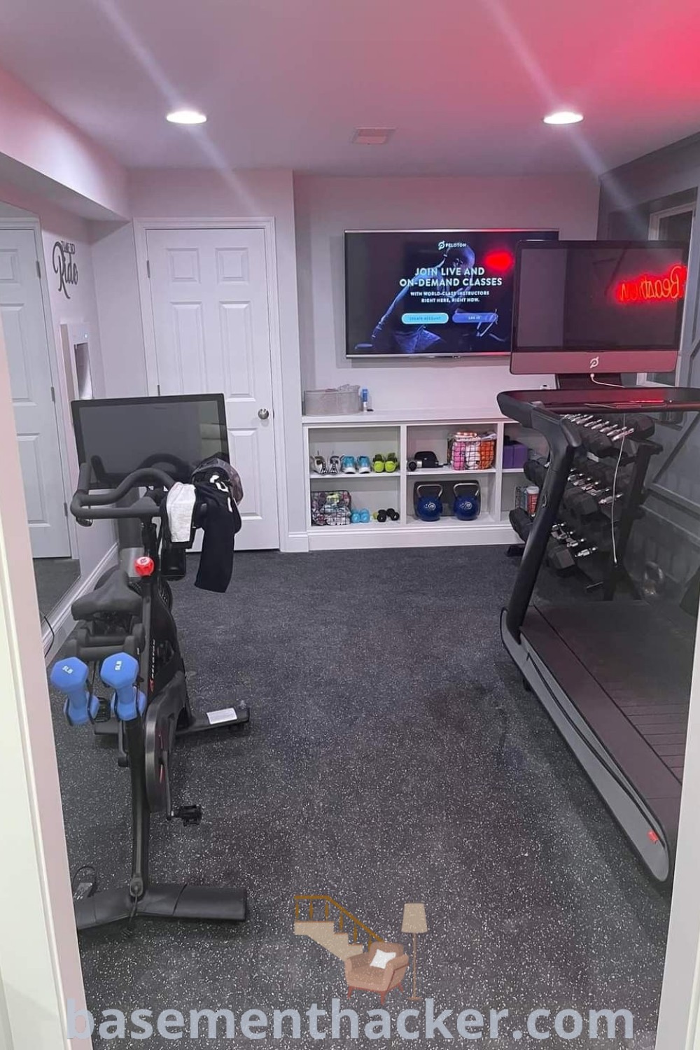 A vibrant finished basement workout area featuring treadmills and various exercise equipment designed for a stylish and functional home gym. This setup embodies innovative ideas for designing small house gym concepts, perfect for achieving fitness goals. Discover more design inspirations at basementhacker.com.