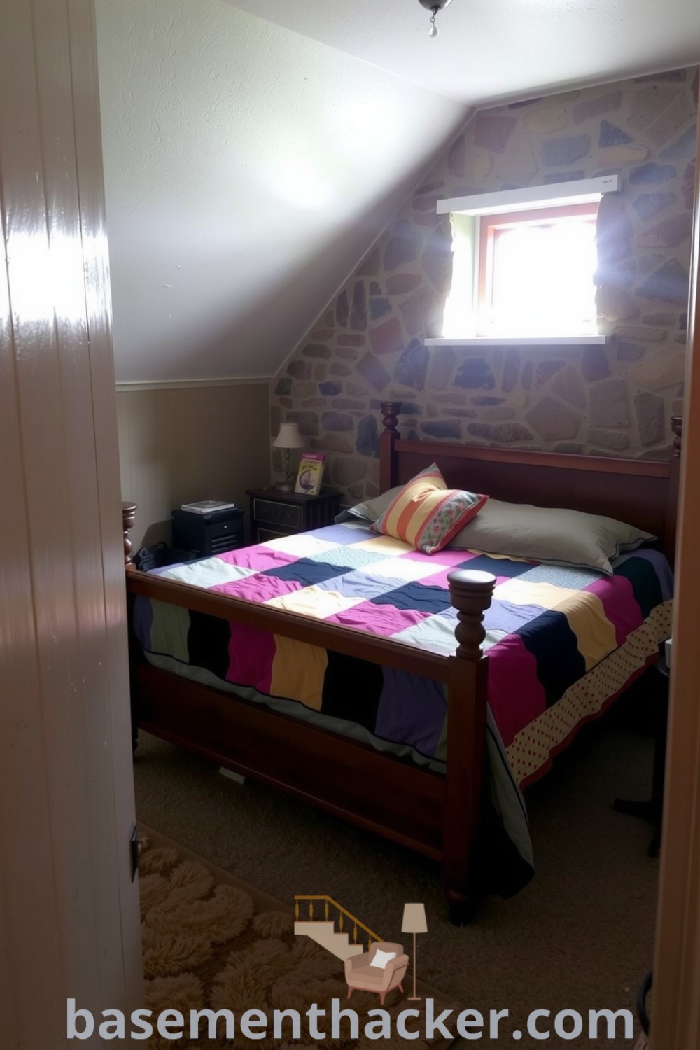 Warm and inviting basement bedroom featuring a wooden bed with a patchwork quilt, exposed stone walls, a mismatched bedside table, and a plush rug, ideal for a cozy and organized home, showcased on basementhacker.com.