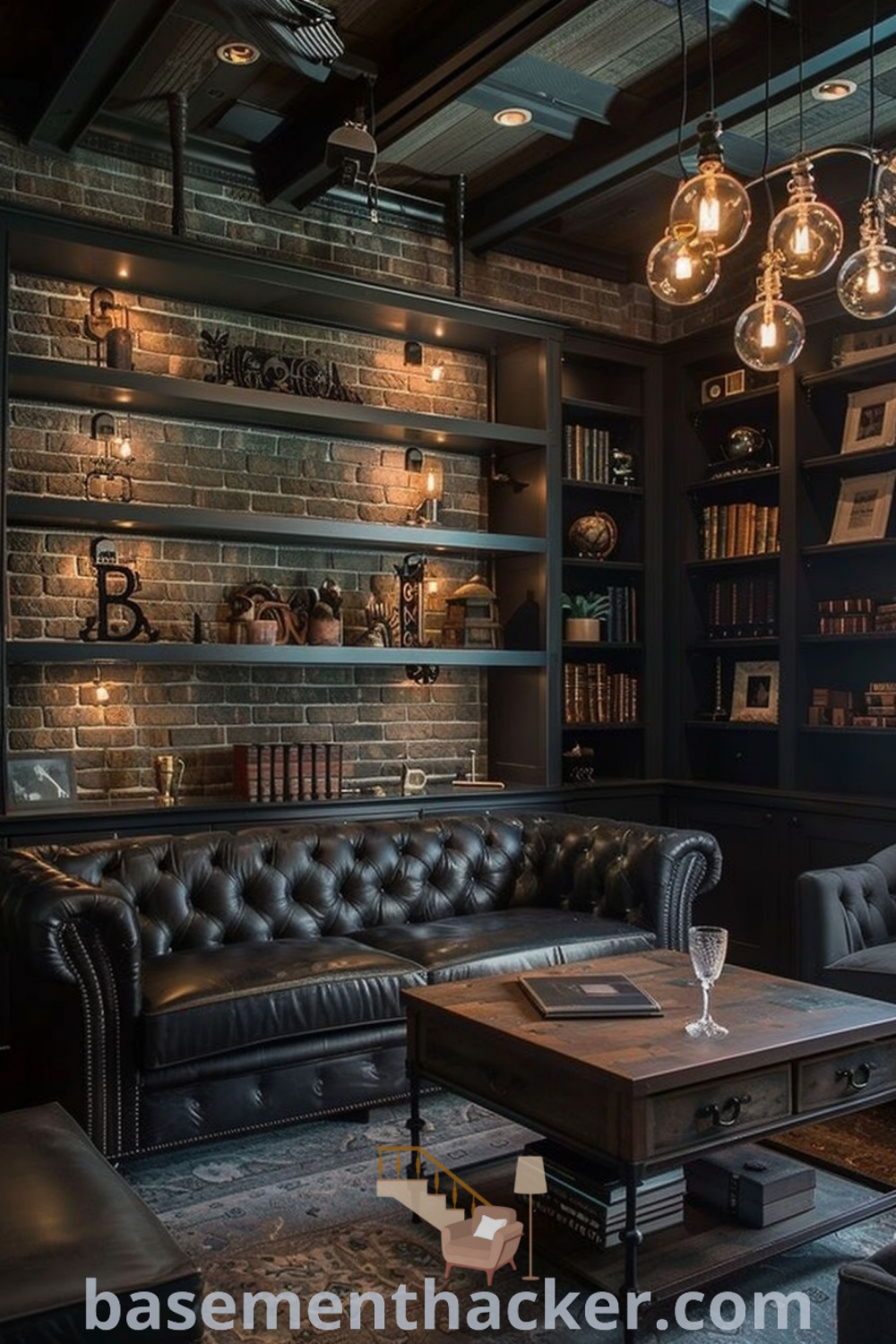 A cozy living room filled with black furniture, extensive bookshelves, and a moody atmosphere, showcasing innovative man cave ideas for ultimate entertaining. This space highlights modern rustic decor and stylish bonus room design concepts for whiskey lovers. Discover more inspiration at basementhacker.com.