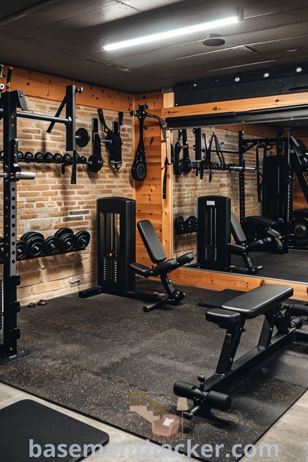 A beautifully designed home gym featuring diverse equipment, demonstrating innovative ideas for stylish and functional workout spaces. Discover personal gym ideas for home gym remodels, setups, and inspirations at basementhacker.com.