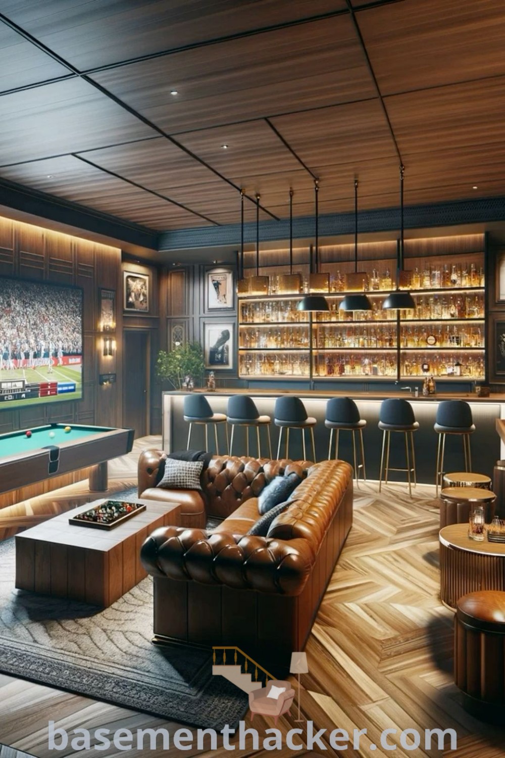 A modern mancave basement bar showcasing an inviting game room with pool tables and couches, perfect for ultimate entertaining. This underground gaming room offers innovative ideas for a stylish and functional home design, transforming ordinary spaces into a cozy haven for fun family gatherings. Explore more ideas at basementhacker.com.