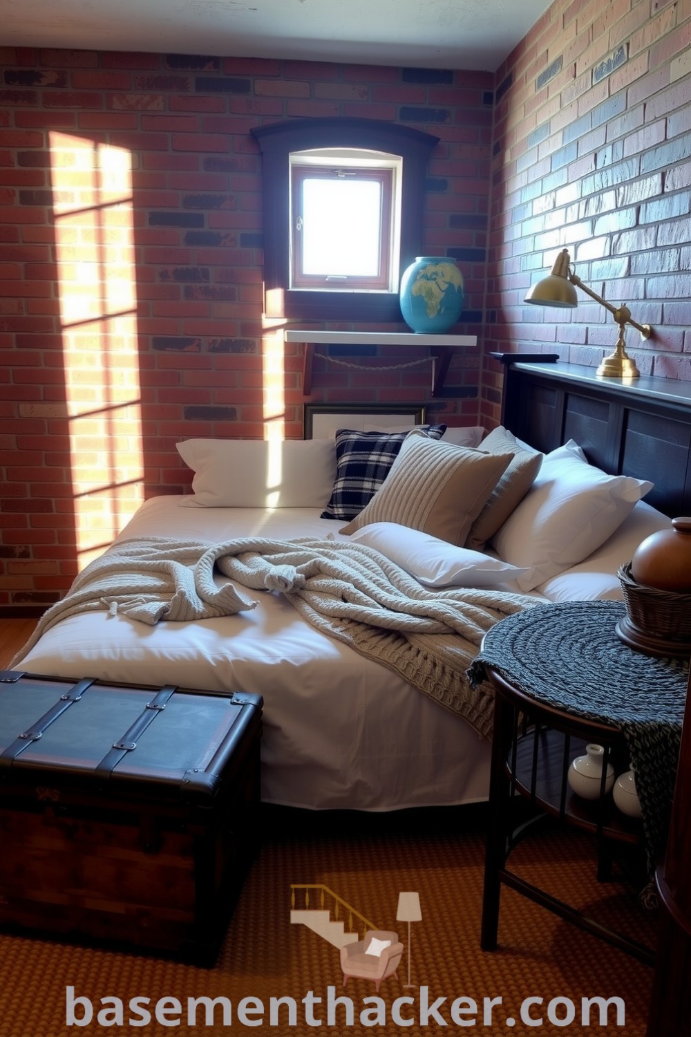 Warm and inviting Master Basement Bedroom featuring a rustic wooden bed frame, neutral linens, exposed brick walls, and a vintage trunk, perfect for a cozy and organized home, found on basementhacker.com.