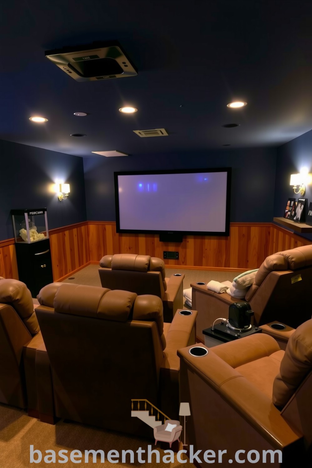 Softly lit basement cinema room with oversized recliners, deep navy walls, wooden paneling, and classic film posters, ideal for a cozy movie night, featured on basementhacker.com.