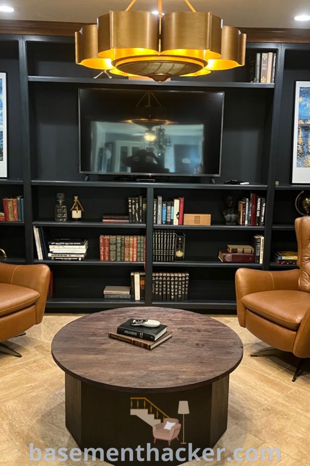 A living room filled with brown leather club chairs, ideal for a masculine office seating area or home bourbon bar, showcasing stylish ideas for a cozy cocktail lounge and innovative basement makeover inspirations. Discover more design ideas at basementhacker.com.