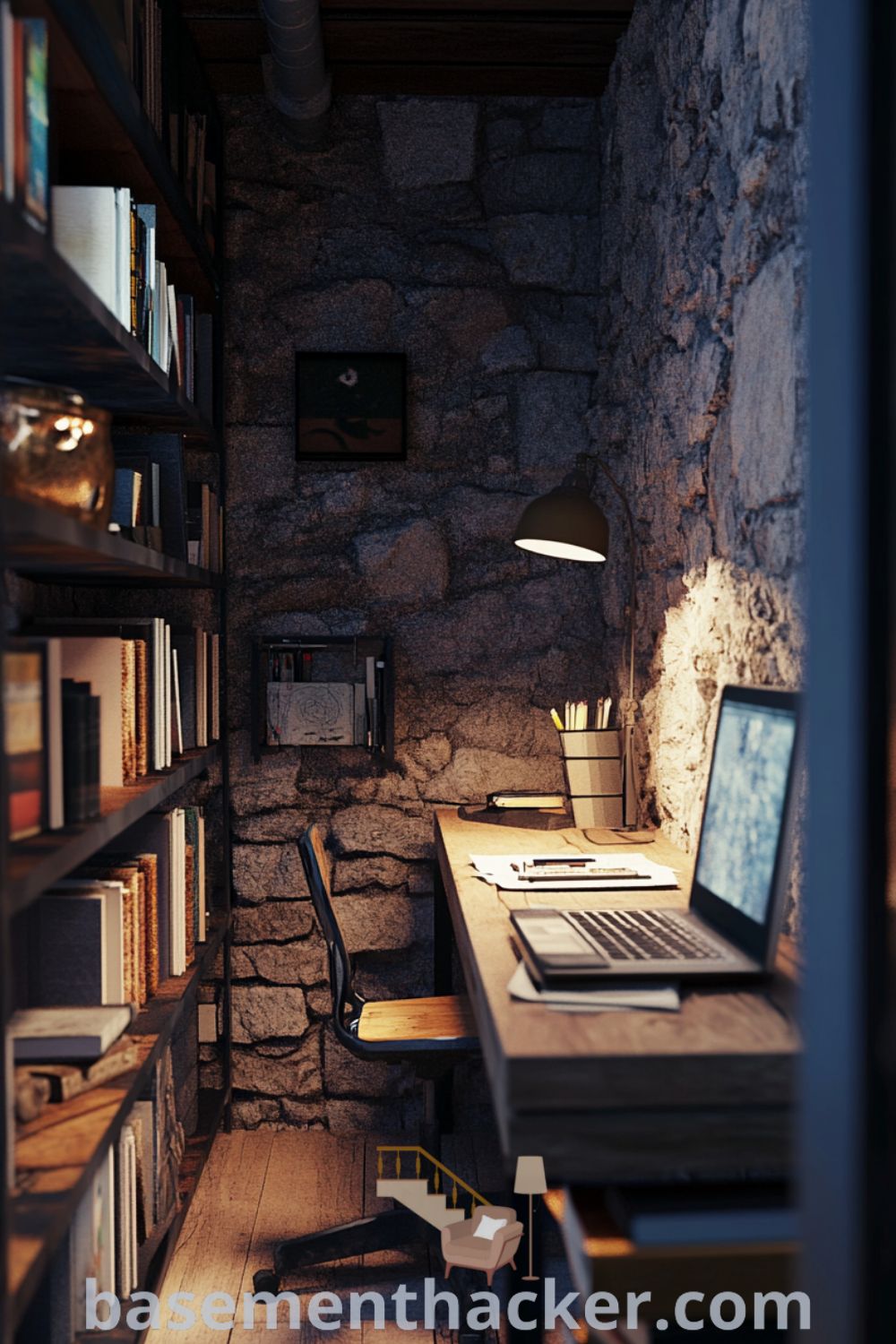 Cozy basement home office with wooden shelves, a laptop on a worn desk, and soft overhead lighting, set in a stylish and functional design for a comfortable workspace, presented on basementhacker.com.