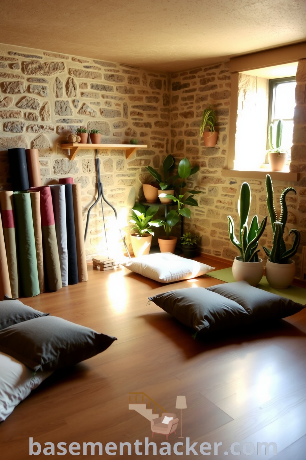 Tranquil basement yoga room featuring natural light, polished wooden floors, handmade pottery plants, and scattered cushions, ideal for relaxation and meditation, presented on basementhacker.com.
