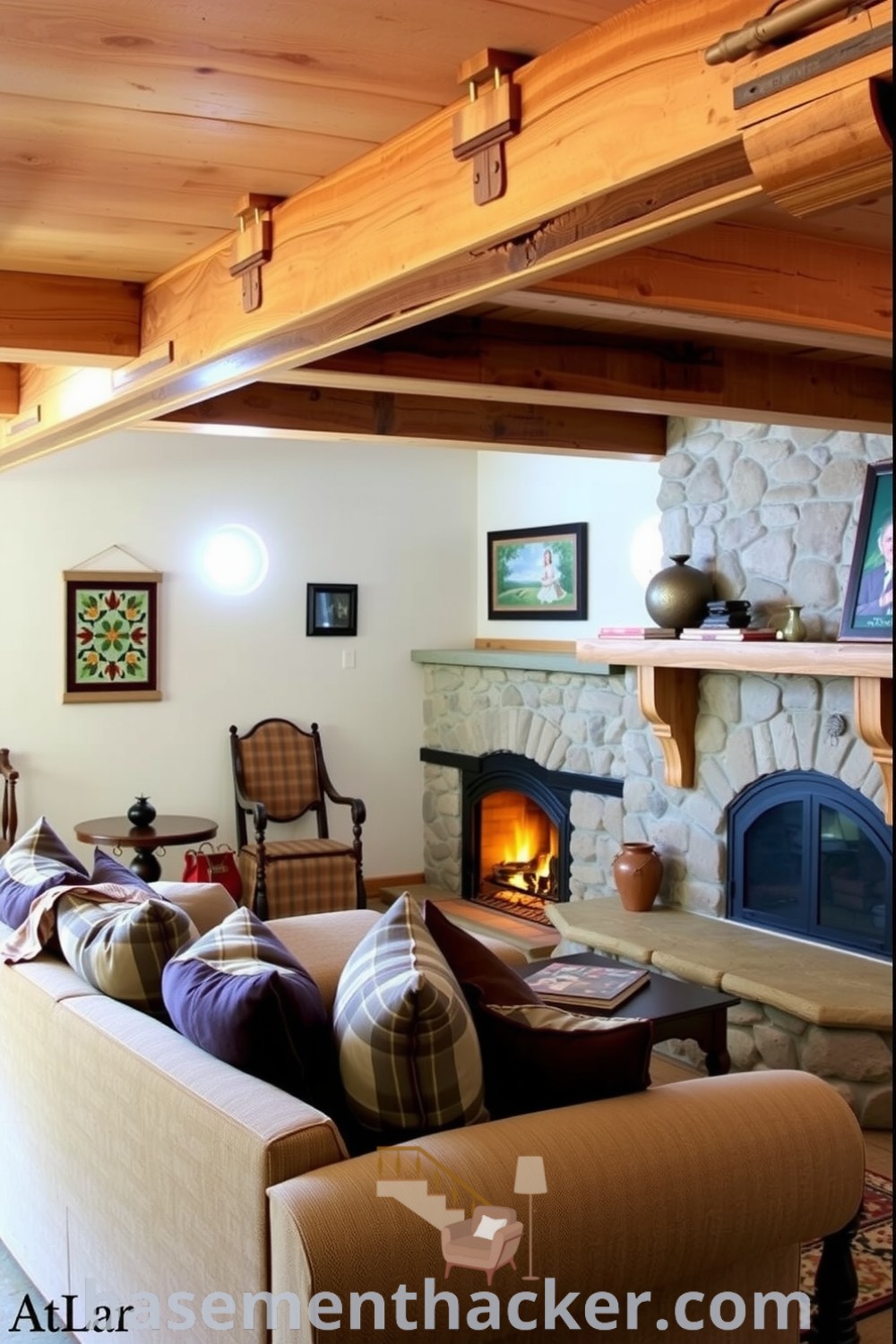 Cozy country-style basement living room featuring wooden beams, hand-crafted furniture, an overstuffed couch, and a stone fireplace, designed for a stylish and functional home, presented on basementhacker.com.