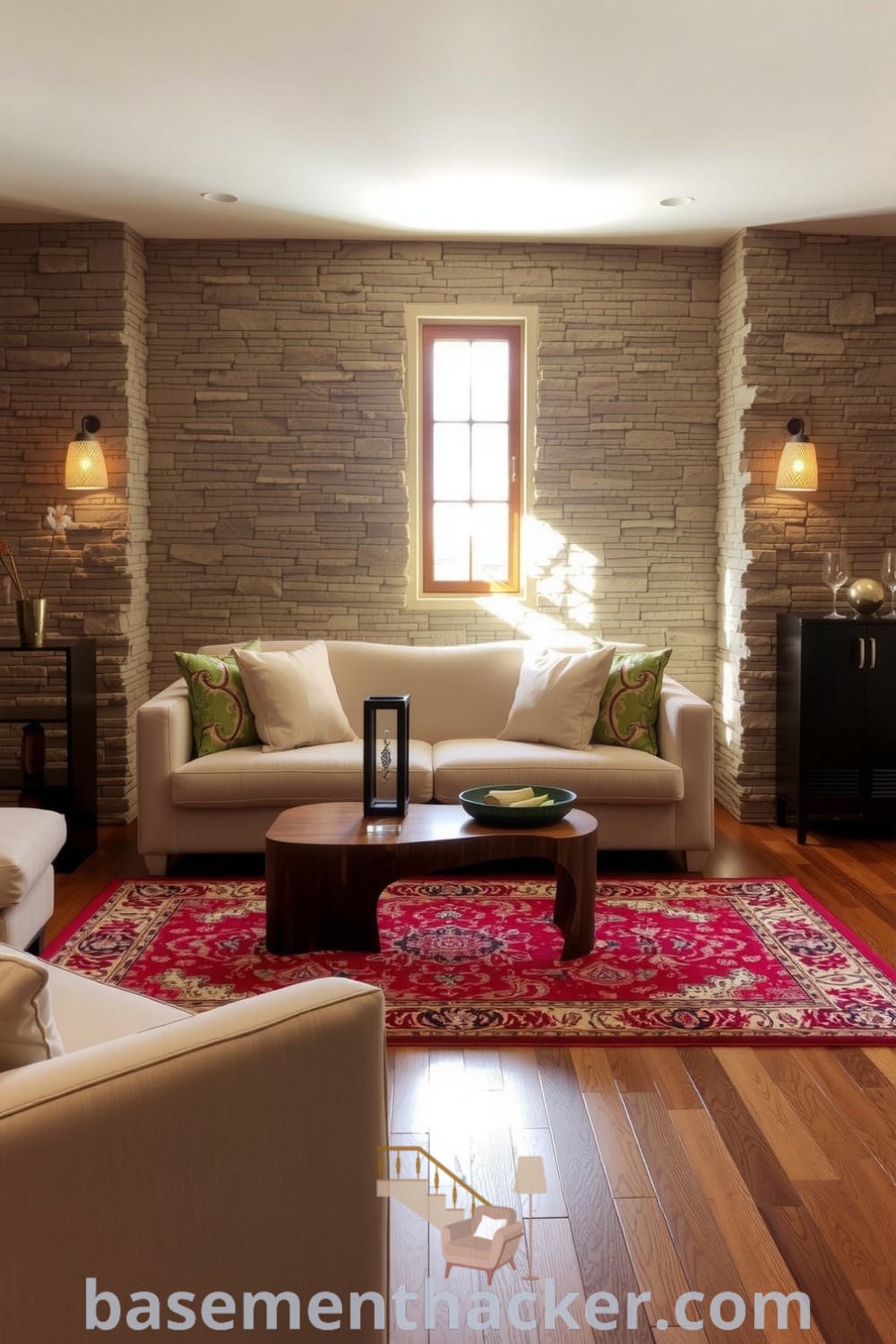 Elegant basement living room featuring plush seating, textured stone walls, handcrafted coffee table, and rich rugs, designed for ultimate entertaining and comfort, detailed on basementhacker.com.