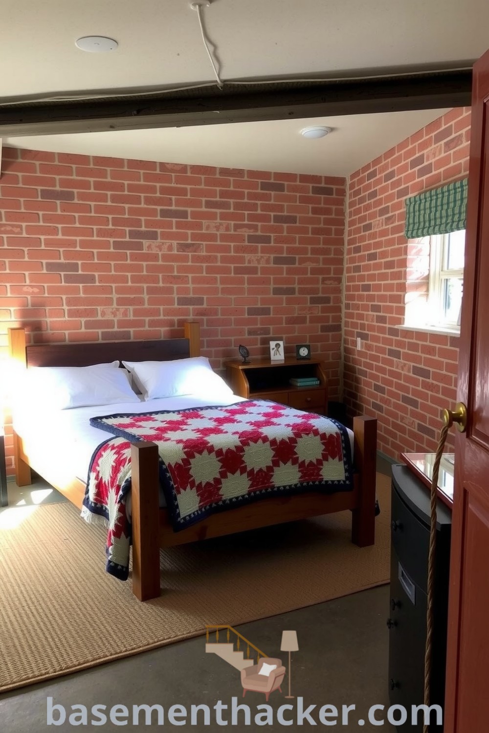 Cozy basement bedroom with earthy tones, handmade quilt, exposed brick walls, and a reading nook, designed for a stylish and functional home, featured on basementhacker.com.