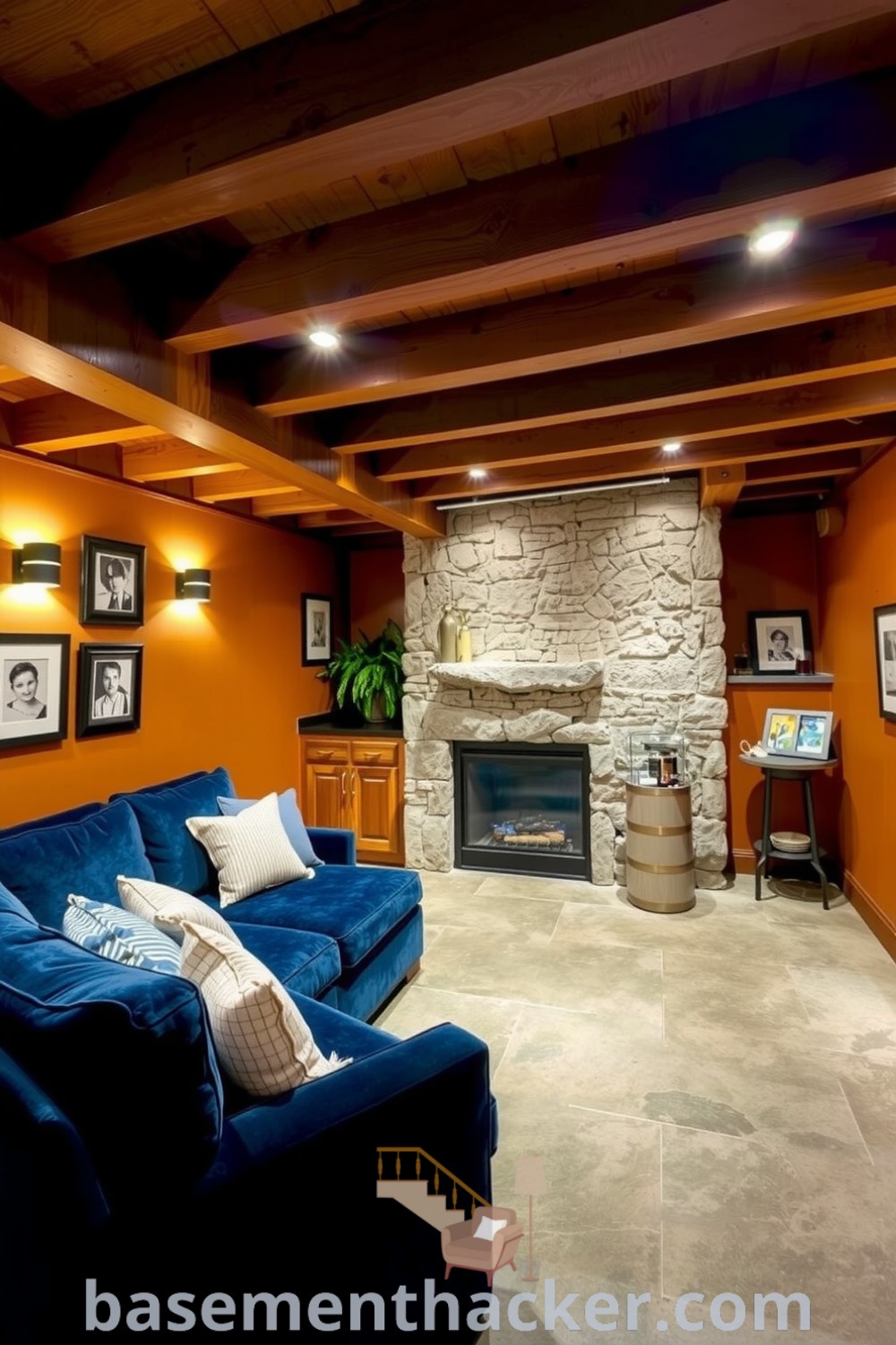 Luxurious basement retreat featuring a plush velvet sectional, stone fireplace, and warm wooden beams, designed for stylish bonus space and ultimate entertaining, highlighted on basementhacker.com.