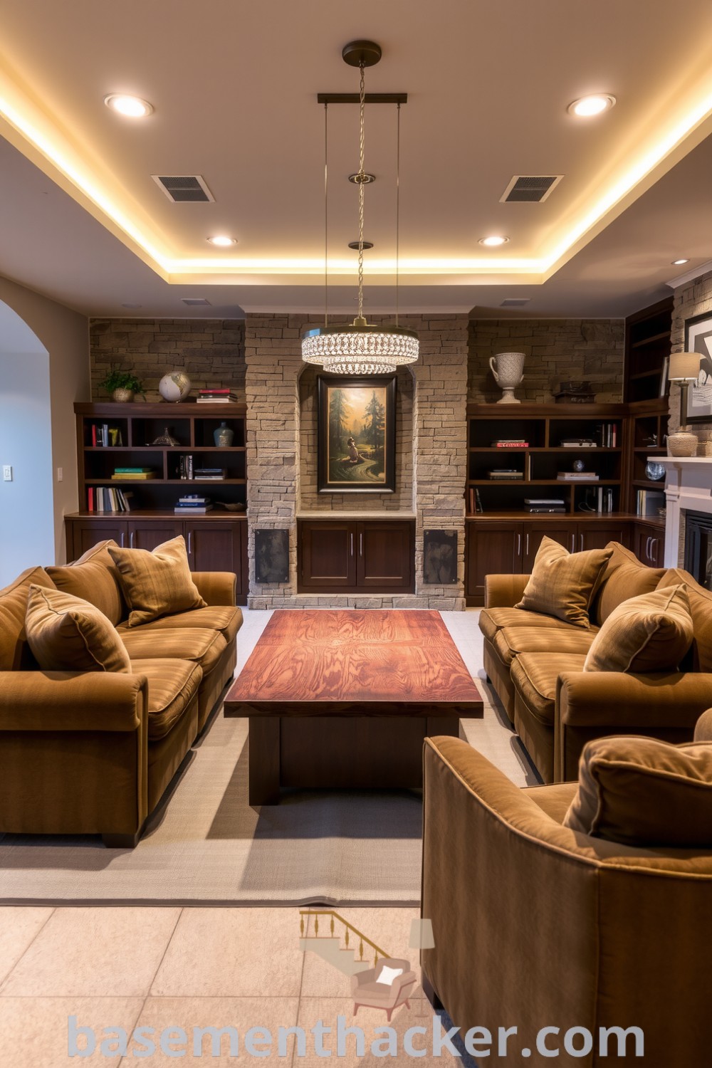 Luxury basement living room with plush sofas, rustic coffee table, natural stone walls, and ambient lighting, designed for stylish and functional home design, featured on basementhacker.com.