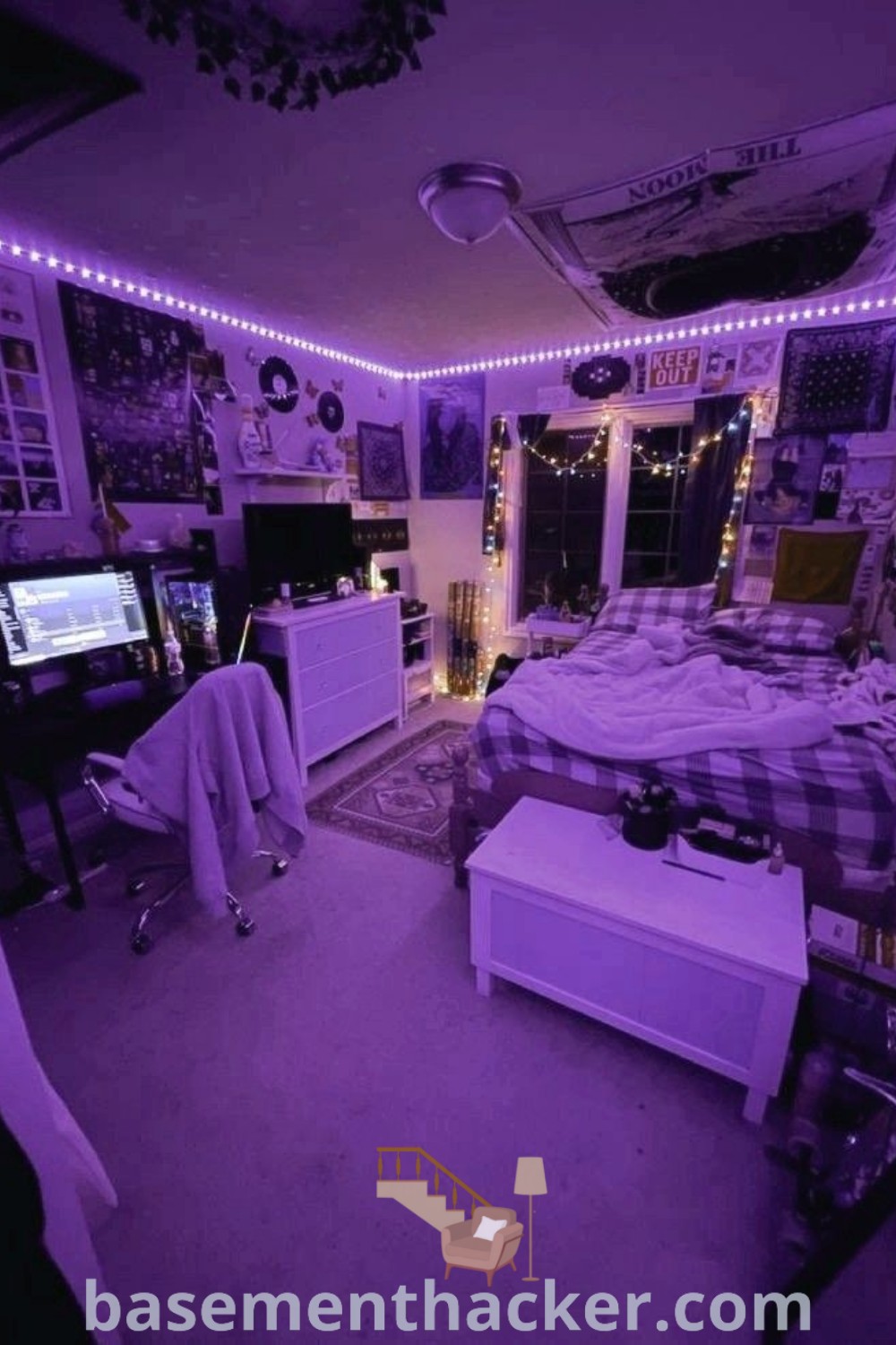 A stylish teenage bedroom with purple lights on the ceiling, showcasing innovative ideas for designing chill spaces. This cute purple room reflects dark room vibes while providing cozy aesthetics for relaxation. Find more design inspirations at basementhacker.com.