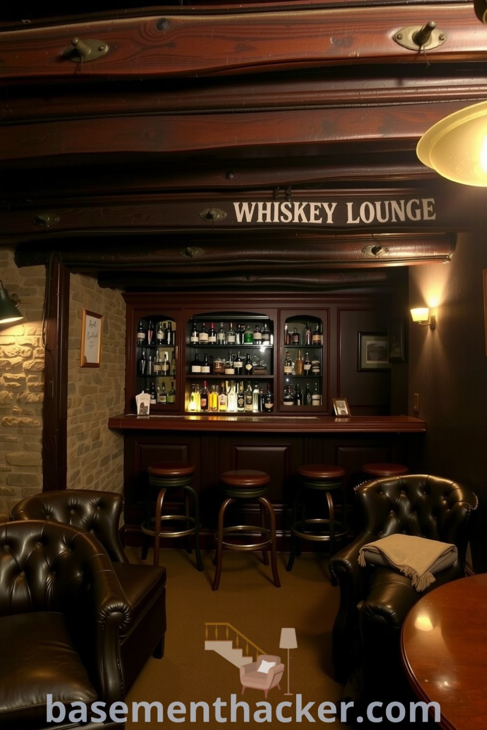 Quaint basement whiskey lounge with a polished mahogany bar, exposed wooden beams, and cozy leather-tufted stools, designed for ultimate entertaining and relaxation, featured on basementhacker.com.