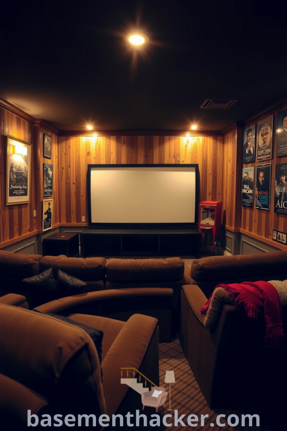 Cozy basement cinema featuring plush seating arranged in a semi-circle, vintage movie posters, warm wooden paneling, and soft lighting, ideal for ultimate entertaining and stylish bonus room design ideas for families, showcased on basementhacker.com.