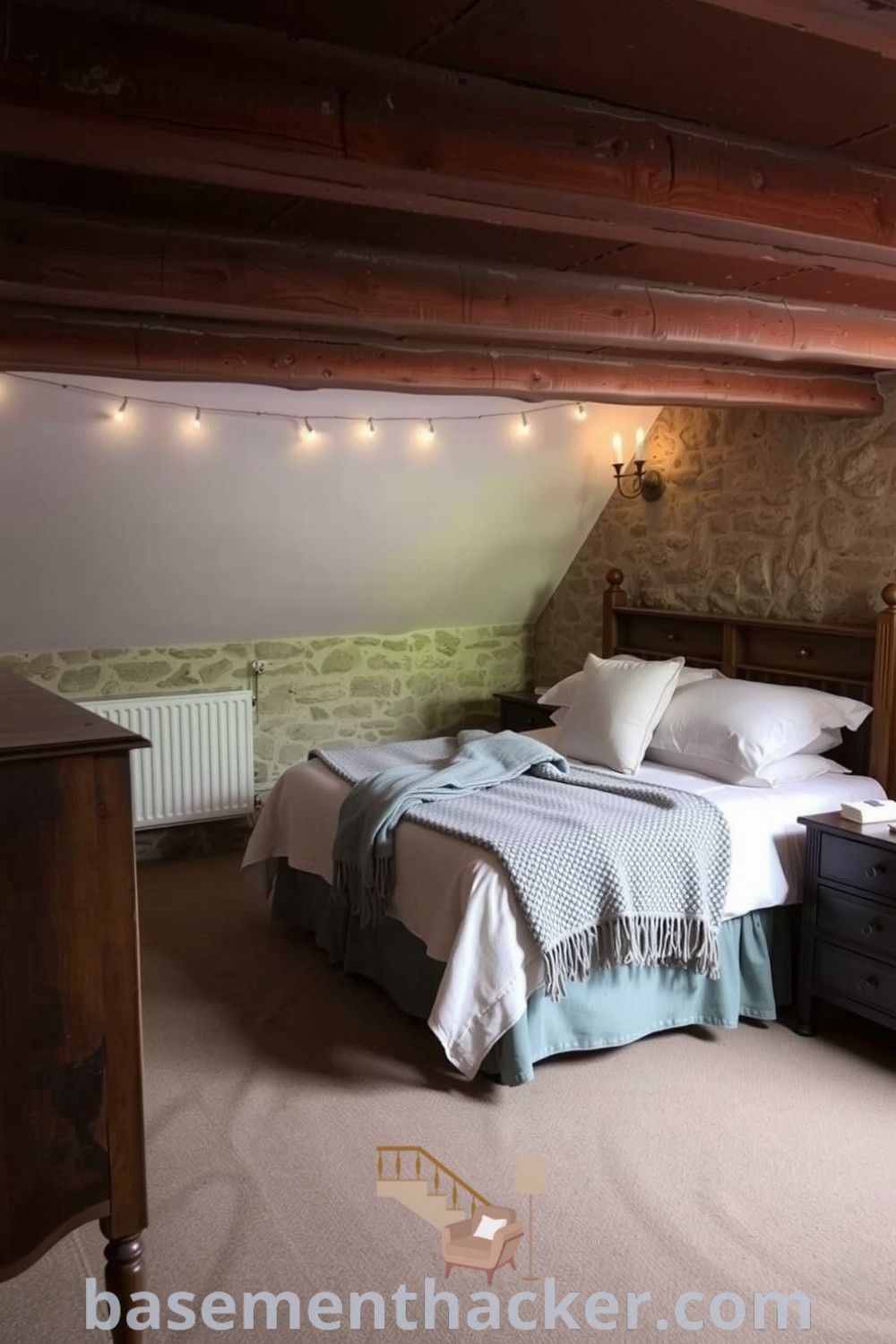 Basement bedroom featuring exposed beam ceilings, vintage wooden furniture, and cozy decor with warm colors and fairy lights for a tranquil retreat, showcased on basementhacker.com.