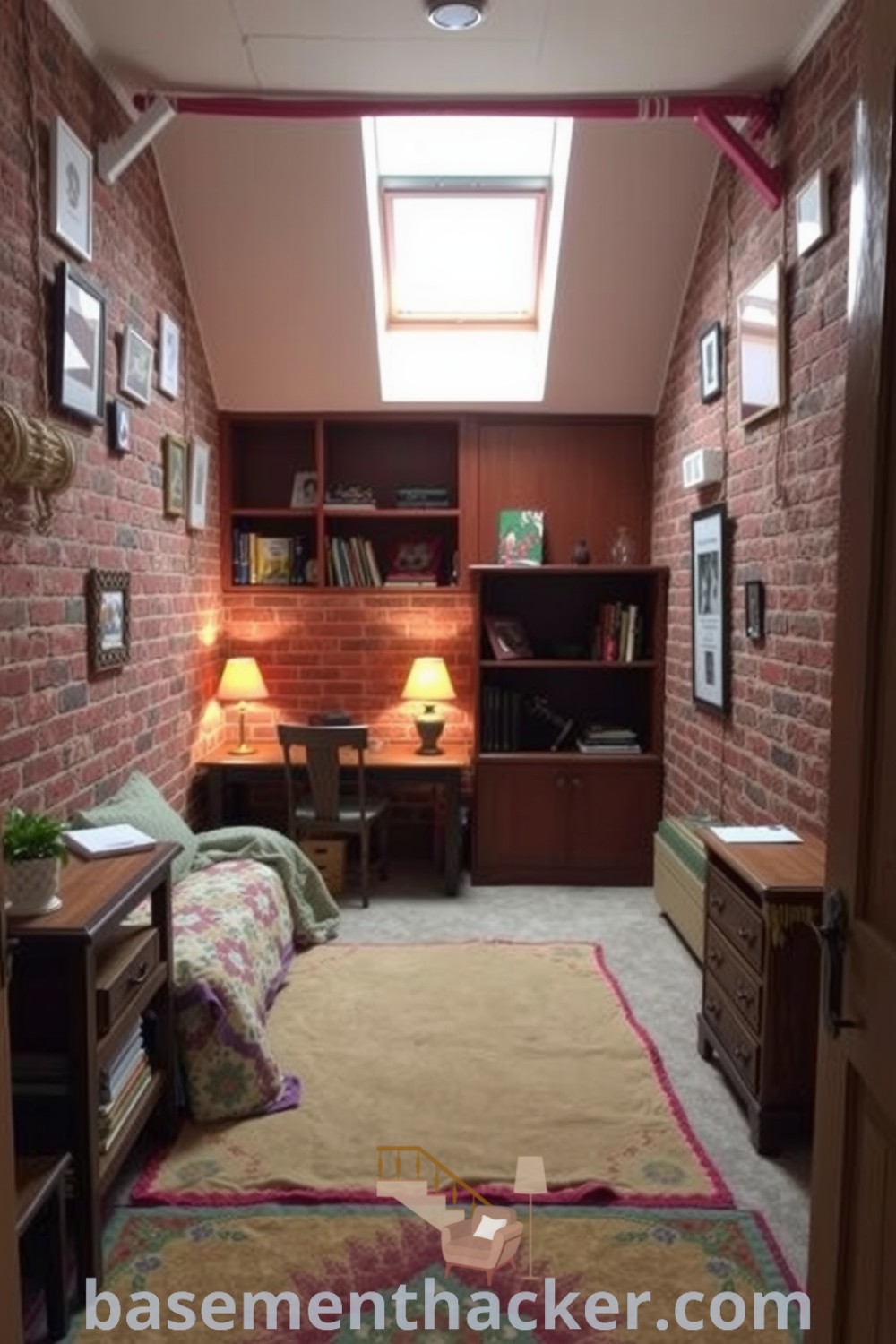 Quaint basement bedroom featuring exposed brick walls, a cozy full bed with a vintage quilt, warm area rug, and shelves filled with books and trinkets, portrayed as an innovative basement makeover idea for a stylish and cozy home on basementhacker.com.