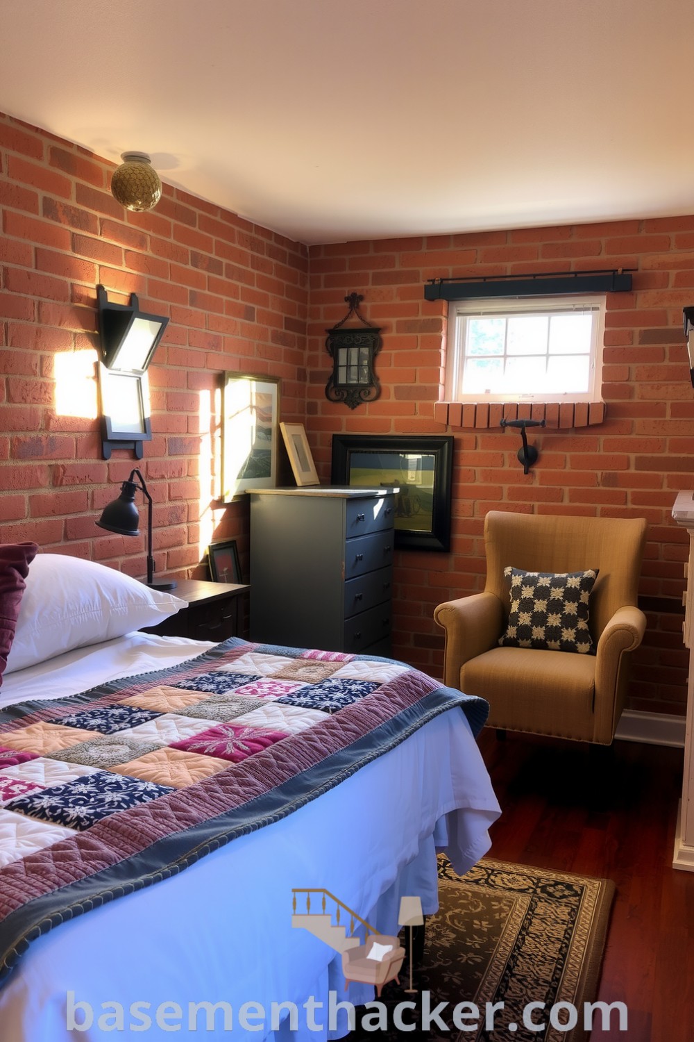 Warm basement bedroom with a queen-sized bed, textured linens, and a patchwork quilt, featuring a cozy reading nook and exposed brick wall, perfect for a stylish and functional home design showcased on basementhacker.com.