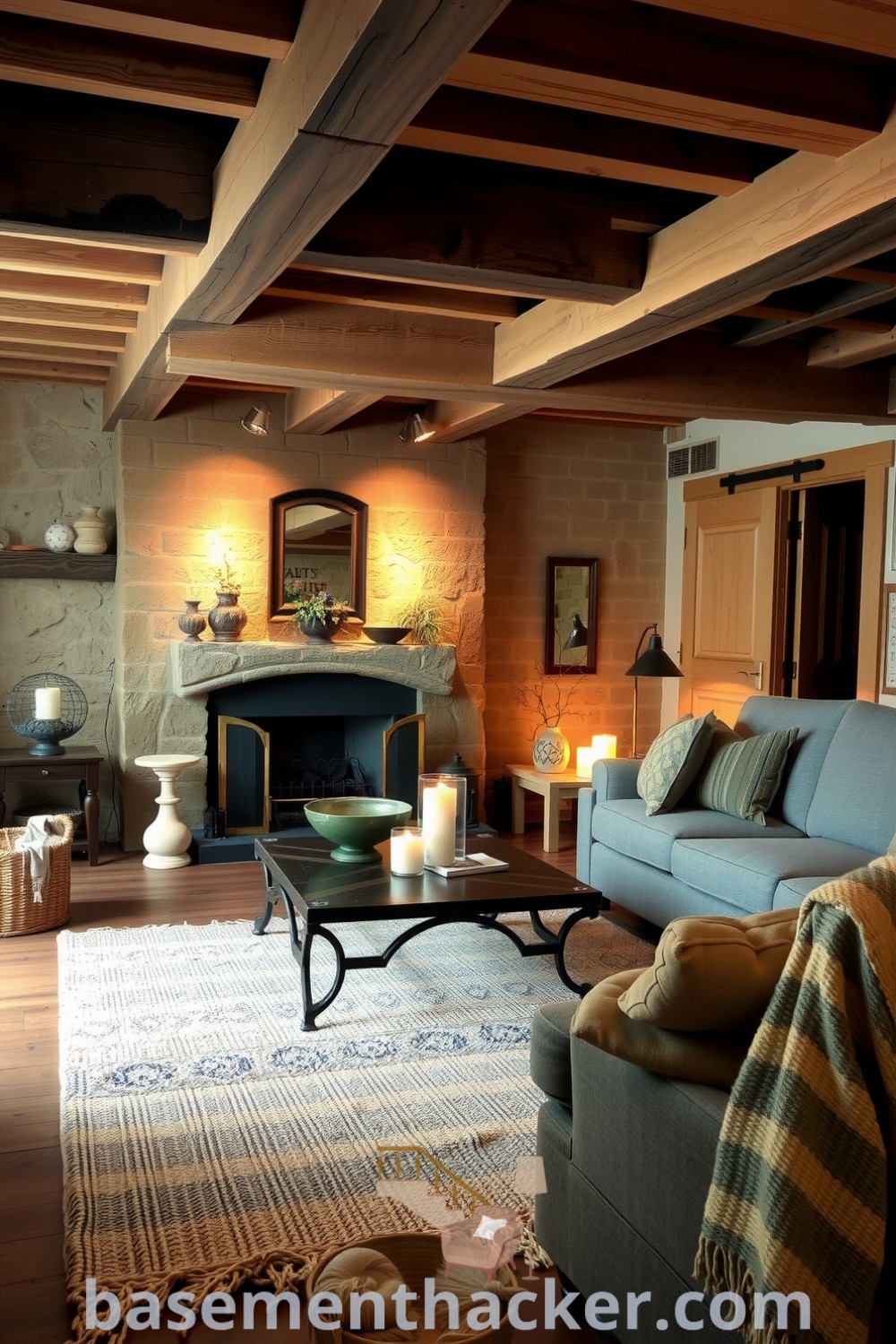 Rustic basement living room with weathered wooden beams, a deep cushioned sofa, handmade rugs, and candlelight accents, offering innovative ideas for a stylish and functional home design showcased on basementhacker.com.