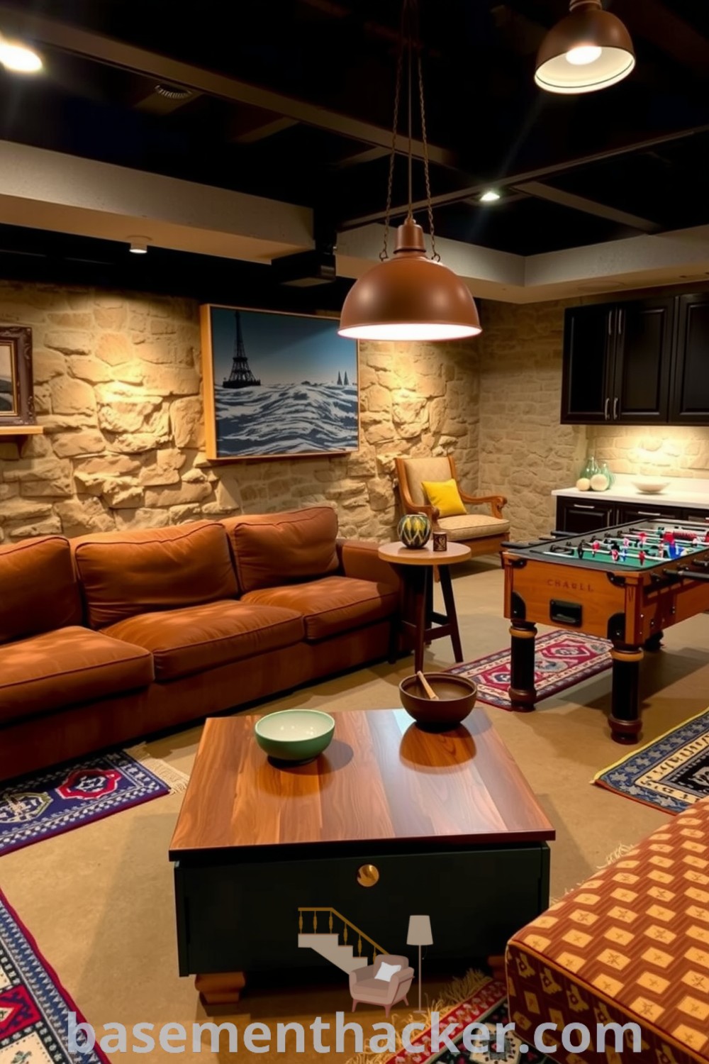 Cozy basement game room with an overstuffed couch, vintage coffee table, foosball table, and colorful rugs, designed for ultimate entertaining, featured on basementhacker.com.