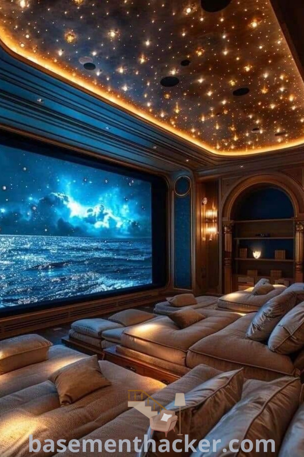 A spacious home movie theater with many couches and a central projection screen, ideal for ultimate entertaining. This stylish room design offers innovative basement makeover ideas for families, providing a cozy and organized space for enjoying movies together. Discover more home theater inspirations at basementhacker.com.