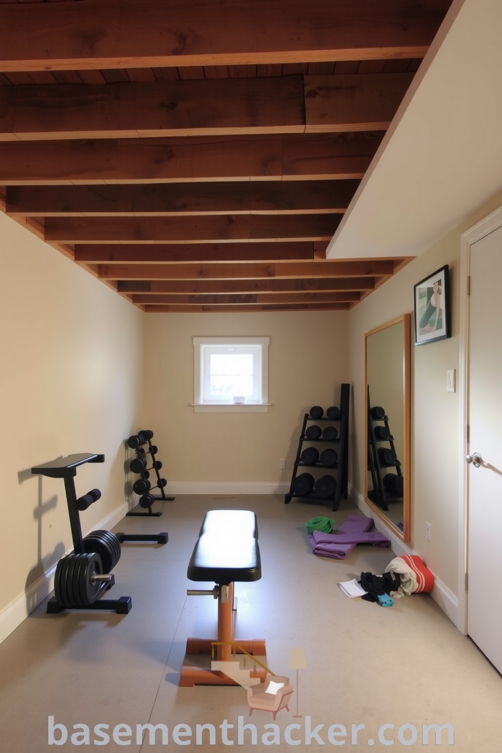 Basement gym featuring exposed wooden beams, concrete flooring, free weights, a sturdy bench, and yoga mats, creating an inviting and motivating atmosphere for workouts, highlighted on basementhacker.com.
